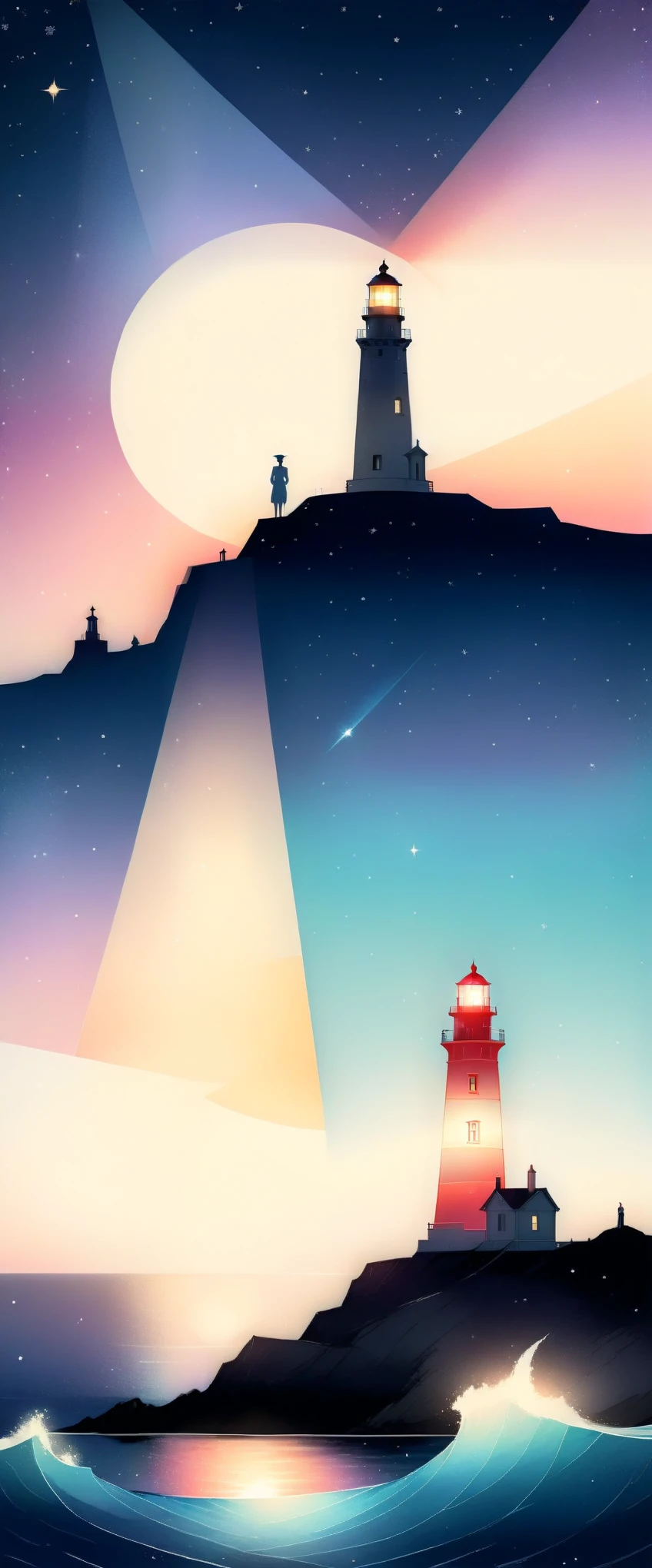 (Best quality, Background sketch in various harmonious colors:1.2), realistic, Illustrator, animated, 1 ship in the middle of the ocean, a sailor points while looking at the coast of the continent on the horizon, a beautiful lighthouse is seen shining, Sailor clothes., Gradient background a beautiful night with stars, pastel colors that harmonize with each other, textured cutout, masterpiece, classic retro style, sketch style, European style