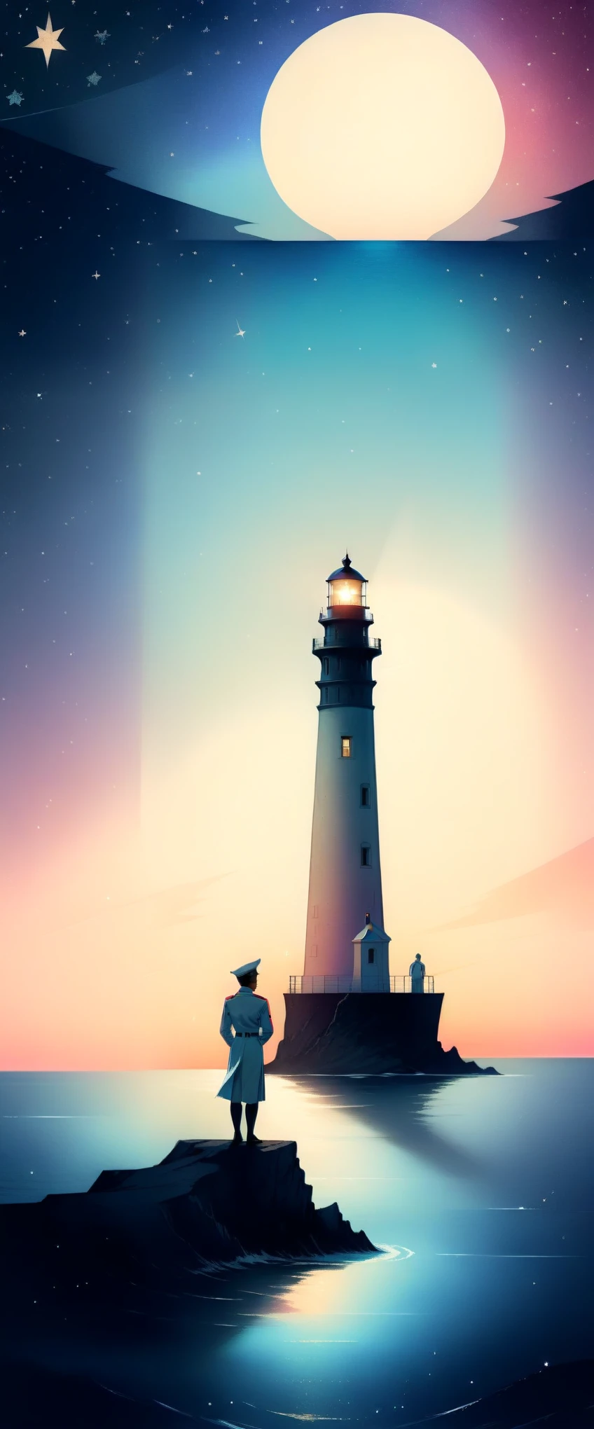 (Best quality, Background sketch in various harmonious colors:1.2), realistic, Illustrator, animated, 1 ship in the middle of the ocean, a sailor points while looking at the coast of the continent on the horizon, a beautiful lighthouse is seen shining, Sailor clothes., Gradient background a beautiful night with stars, pastel colors that harmonize with each other, textured cutout, masterpiece, classic retro style, sketch style, European style