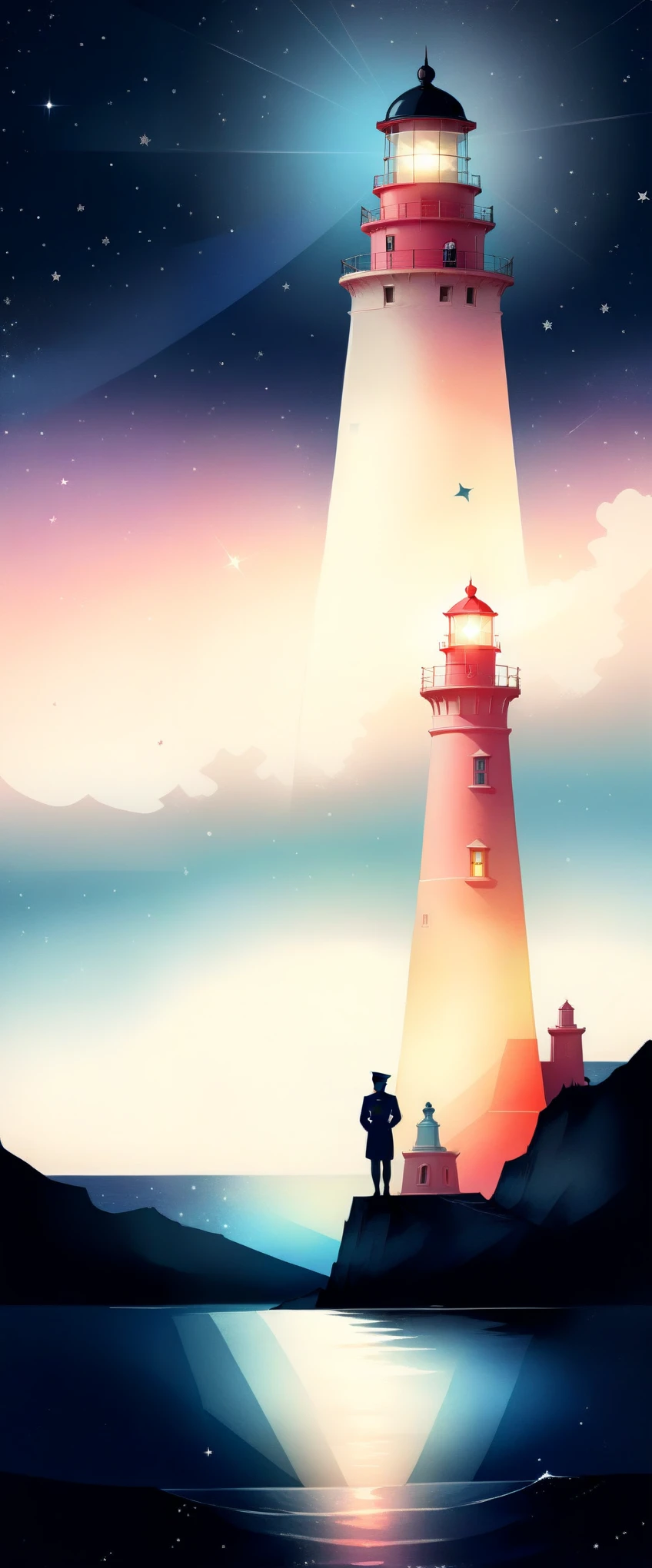 (Best quality, Background sketch in various harmonious colors:1.2), realistic, Illustrator, animated, 1 ship in the middle of the ocean, a sailor points while looking at the coast of the continent on the horizon, a beautiful lighthouse is seen shining, Sailor clothes., Gradient background a beautiful night with stars, pastel colors that harmonize with each other, textured cutout, masterpiece, classic retro style, sketch style, European style