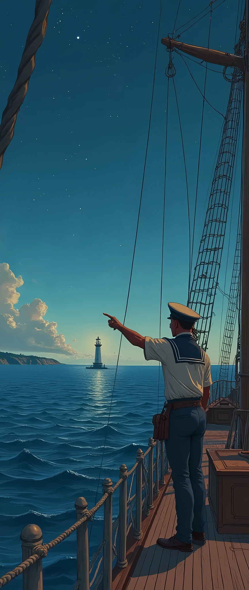 (Best quality, Background sketch in various harmonious colors:1.2), realistic, Illustrator, animated, 1 ship in the middle of the ocean, a sailor points while looking at the coast of the continent on the horizon, a beautiful lighthouse is seen shining, Sailor clothes., Gradient background a beautiful night with stars, pastel colors that harmonize with each other, textured cutout, masterpiece, classic retro style, sketch style, European style