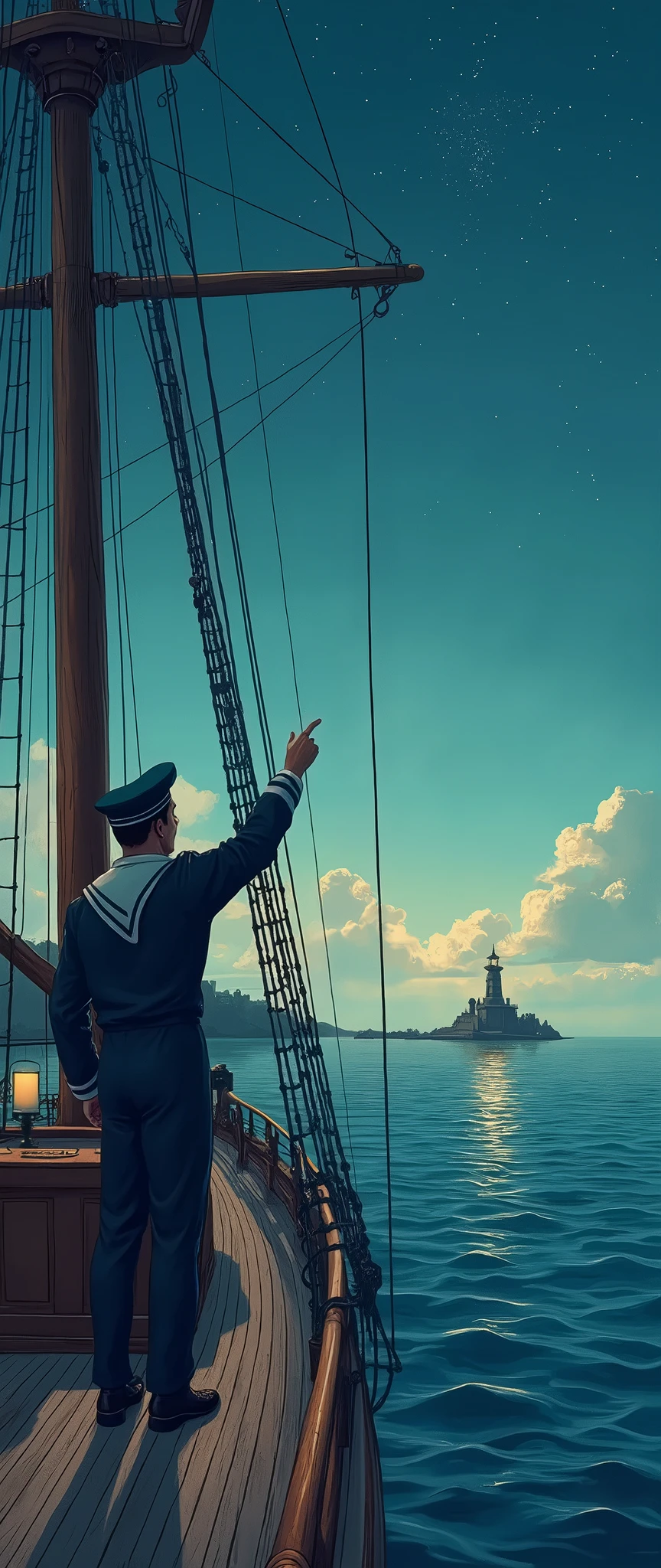 (Best quality, Background sketch in various harmonious colors:1.2), realistic, Illustrator, animated, 1 ship in the middle of the ocean, a sailor points while looking at the coast of the continent on the horizon, a beautiful lighthouse is seen shining, Sailor clothes., Gradient background a beautiful night with stars, pastel colors that harmonize with each other, textured cutout, masterpiece, classic retro style, sketch style, European style