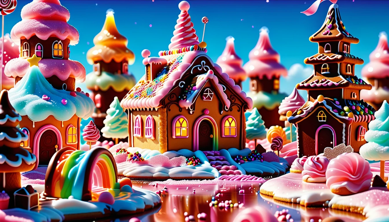 A Sweet Masterpiece In 32K Resolution, Sugary Quality, Confectionery Detail, Dessert Art, Delicious 32K Vista, Whimsical And Playful, Ultra-Detailed Candy Features, Sugar Paradise. Cotton Candy Castles Float Through Candy Floss Skies, Adorned With Lollipop Trees And Chocolate Rivers In Shades Of Pink And Caramel. Syrup Falls Pour Into Cream Seas Below, While Sugar Flowers Sparkle With Crystalline Sweetness. In The Distance, A Gingerbread Palace With Cookie Architecture Stands Proud, Glistening In The Rainbow Sprinkle Light.