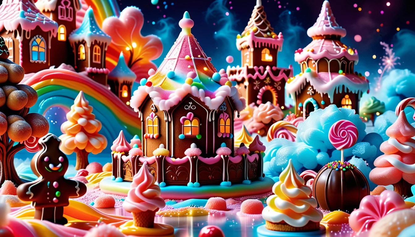 A Sweet Masterpiece In 32K Resolution, Sugary Quality, Confectionery Detail, Dessert Art, Delicious 32K Vista, Whimsical And Playful, Ultra-Detailed Candy Features, Sugar Paradise. Cotton Candy Castles Float Through Candy Floss Skies, Adorned With Lollipop Trees And Chocolate Rivers In Shades Of Pink And Caramel. Syrup Falls Pour Into Cream Seas Below, While Sugar Flowers Sparkle With Crystalline Sweetness. In The Distance, A Gingerbread Palace With Cookie Architecture Stands Proud, Glistening In The Rainbow Sprinkle Light.