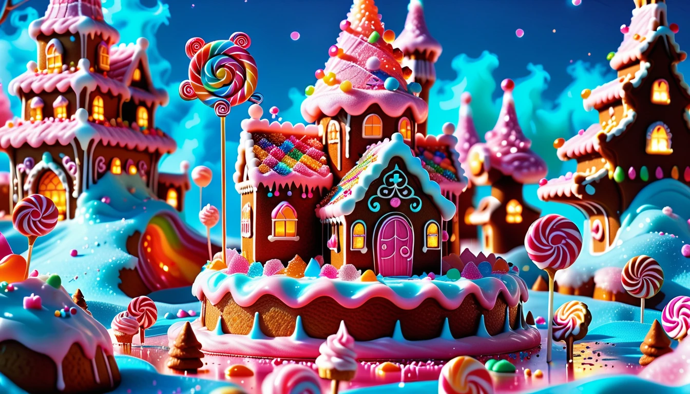 A Sweet Masterpiece In 32K Resolution, Sugary Quality, Confectionery Detail, Dessert Art, Delicious 32K Vista, Whimsical And Playful, Ultra-Detailed Candy Features, Sugar Paradise. Cotton Candy Castles Float Through Candy Floss Skies, Adorned With Lollipop Trees And Chocolate Rivers In Shades Of Pink And Caramel. Syrup Falls Pour Into Cream Seas Below, While Sugar Flowers Sparkle With Crystalline Sweetness. In The Distance, A Gingerbread Palace With Cookie Architecture Stands Proud, Glistening In The Rainbow Sprinkle Light.