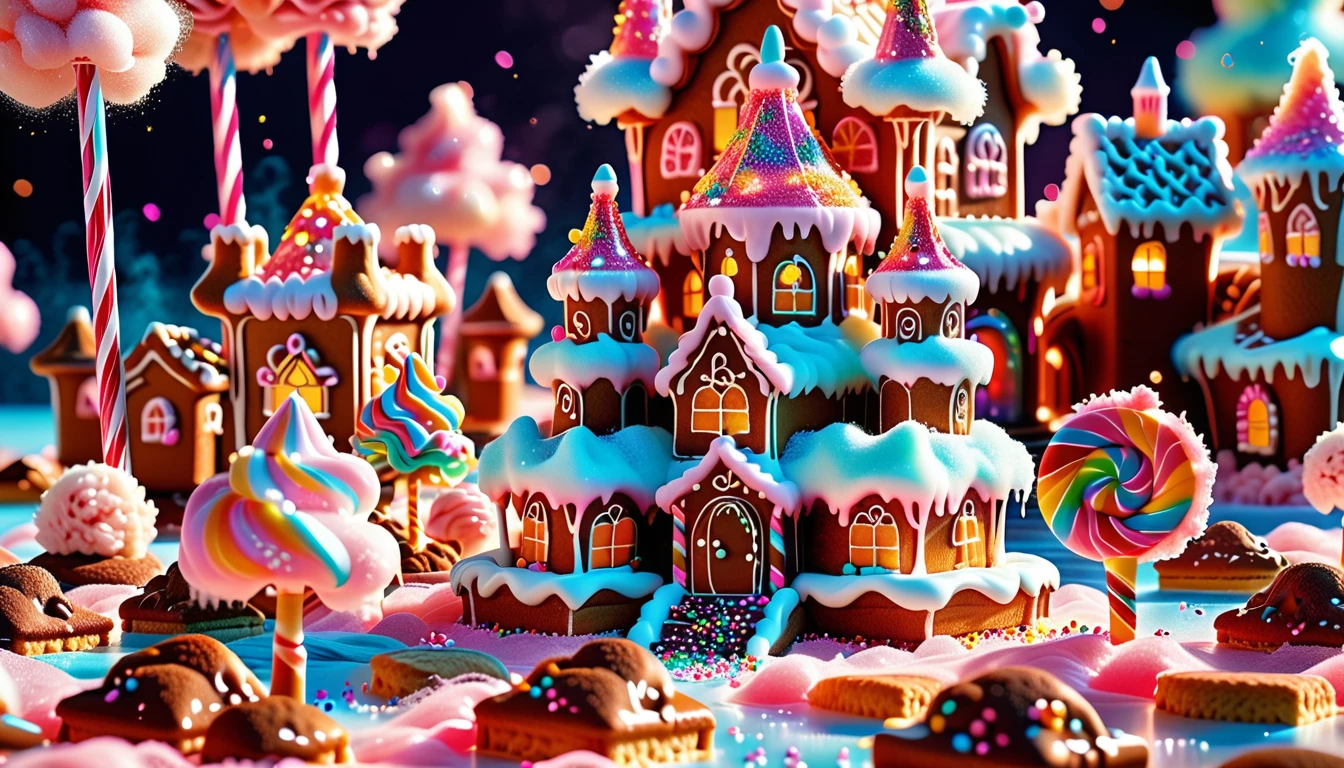 A Sweet Masterpiece In 32K Resolution, Sugary Quality, Confectionery Detail, Dessert Art, Delicious 32K Vista, Whimsical And Playful, Ultra-Detailed Candy Features, Sugar Paradise. Cotton Candy Castles Float Through Candy Floss Skies, Adorned With Lollipop Trees And Chocolate Rivers In Shades Of Pink And Caramel. Syrup Falls Pour Into Cream Seas Below, While Sugar Flowers Sparkle With Crystalline Sweetness. In The Distance, A Gingerbread Palace With Cookie Architecture Stands Proud, Glistening In The Rainbow Sprinkle Light.