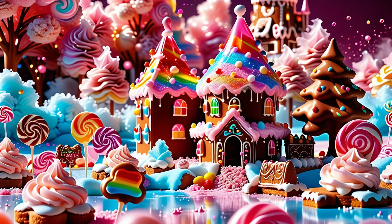 A Sweet Masterpiece In 32K Resolution, Sugary Quality, Confectionery Detail, Dessert Art, Delicious 32K Vista, Whimsical And Playful, Ultra-Detailed Candy Features, Sugar Paradise. Cotton Candy Castles Float Through Candy Floss Skies, Adorned With Lollipop Trees And Chocolate Rivers In Shades Of Pink And Caramel. Syrup Falls Pour Into Cream Seas Below, While Sugar Flowers Sparkle With Crystalline Sweetness. In The Distance, A Gingerbread Palace With Cookie Architecture Stands Proud, Glistening In The Rainbow Sprinkle Light.