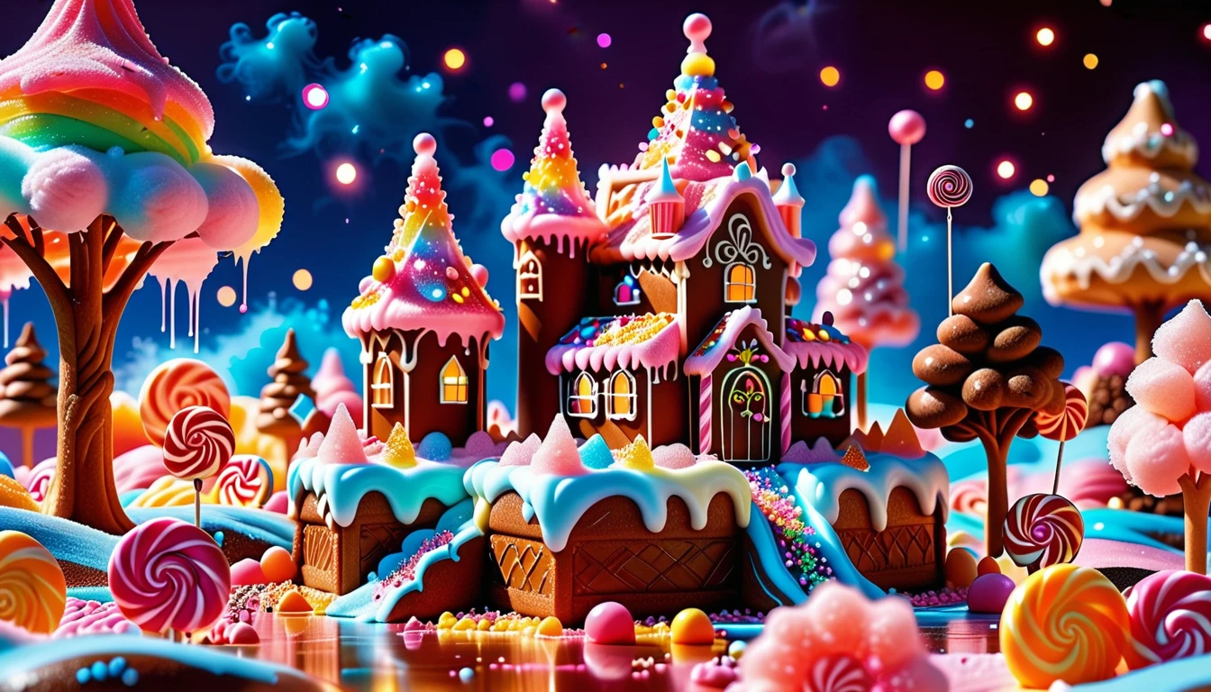 A Sweet Masterpiece In 32K Resolution, Sugary Quality, Confectionery Detail, Dessert Art, Delicious 32K Vista, Whimsical And Playful, Ultra-Detailed Candy Features, Sugar Paradise. Cotton Candy Castles Float Through Candy Floss Skies, Adorned With Lollipop Trees And Chocolate Rivers In Shades Of Pink And Caramel. Syrup Falls Pour Into Cream Seas Below, While Sugar Flowers Sparkle With Crystalline Sweetness. In The Distance, A Gingerbread Palace With Cookie Architecture Stands Proud, Glistening In The Rainbow Sprinkle Light.