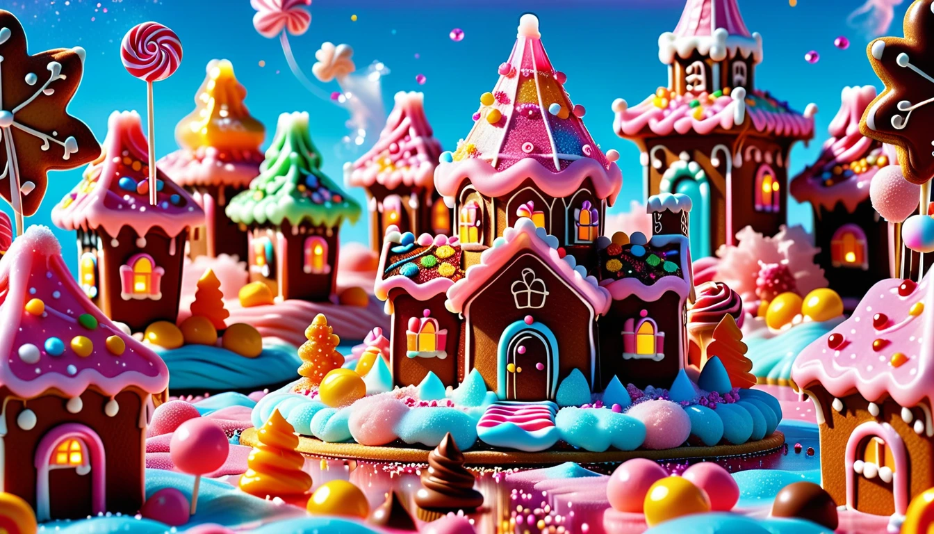 A Sweet Masterpiece In 32K Resolution, Sugary Quality, Confectionery Detail, Dessert Art, Delicious 32K Vista, Whimsical And Playful, Ultra-Detailed Candy Features, Sugar Paradise. Cotton Candy Castles Float Through Candy Floss Skies, Adorned With Lollipop Trees And Chocolate Rivers In Shades Of Pink And Caramel. Syrup Falls Pour Into Cream Seas Below, While Sugar Flowers Sparkle With Crystalline Sweetness. In The Distance, A Gingerbread Palace With Cookie Architecture Stands Proud, Glistening In The Rainbow Sprinkle Light.