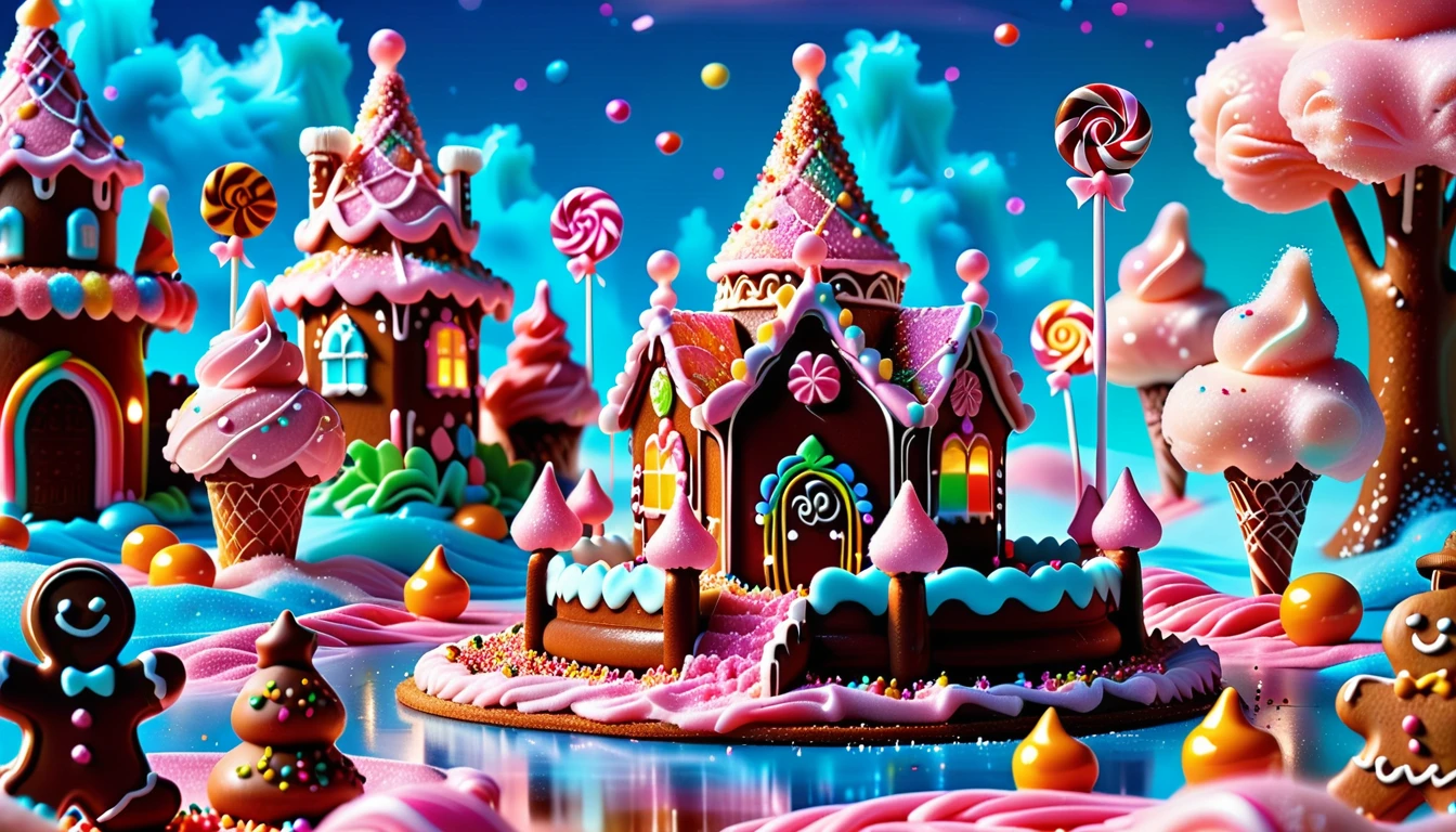 A Sweet Masterpiece In 32K Resolution, Sugary Quality, Confectionery Detail, Dessert Art, Delicious 32K Vista, Whimsical And Playful, Ultra-Detailed Candy Features, Sugar Paradise. Cotton Candy Castles Float Through Candy Floss Skies, Adorned With Lollipop Trees And Chocolate Rivers In Shades Of Pink And Caramel. Syrup Falls Pour Into Cream Seas Below, While Sugar Flowers Sparkle With Crystalline Sweetness. In The Distance, A Gingerbread Palace With Cookie Architecture Stands Proud, Glistening In The Rainbow Sprinkle Light.