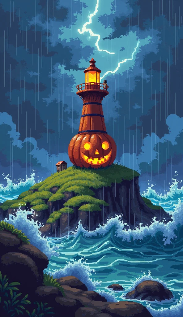 Cute pixel art, vivid palette, otherworldly jack-o-lantern lighthouse on a grassy hill, crashing waves with whitecaps, stylized thunderstorm with pixelated rain.