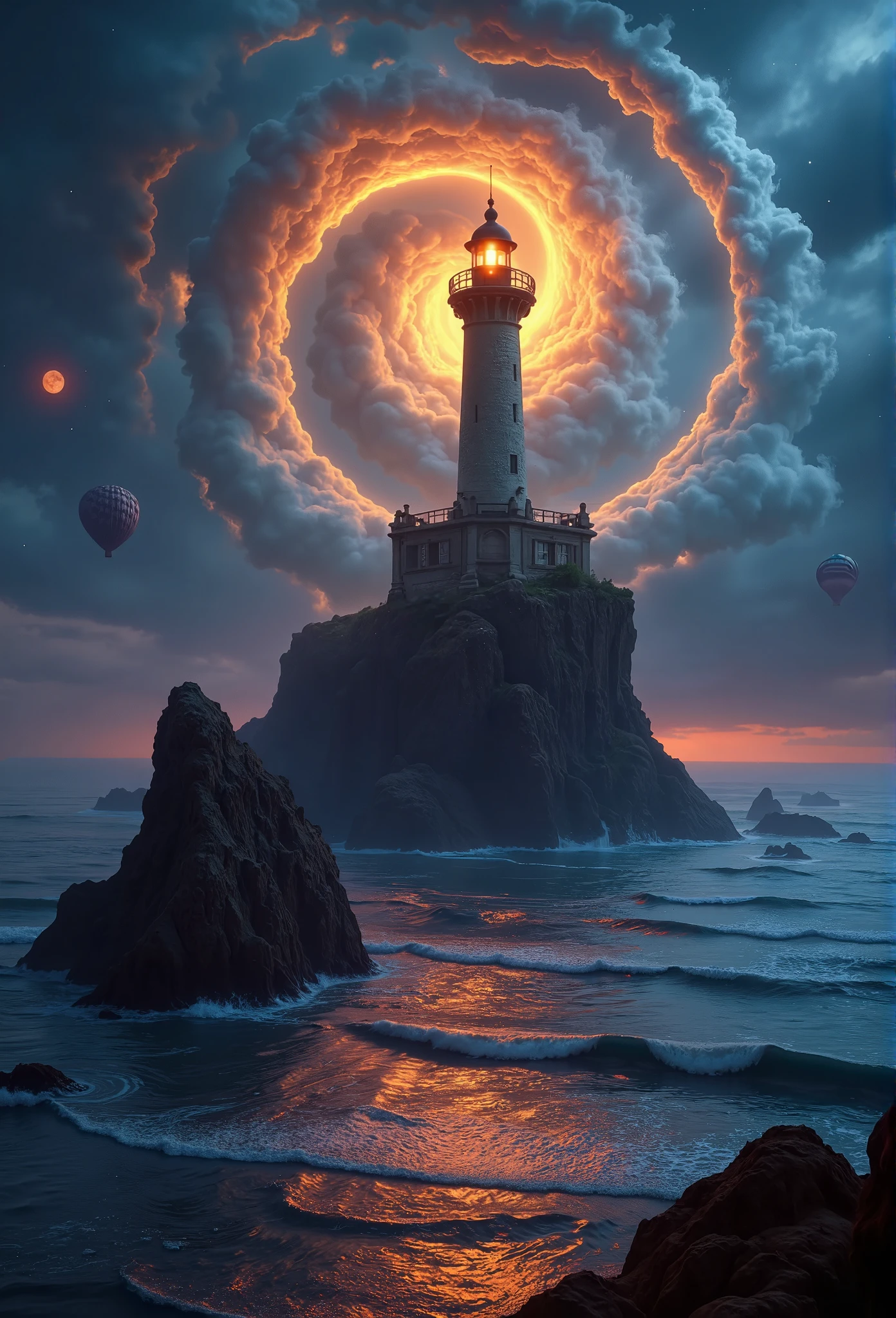 a mesmerizing, surrealistic 8K image of a towering lighthouse perched on a floating cliff, its bright beacon slicing through swirling mist and illuminating a dark, dreamlike sea. Inspired by the surreal, otherworldly works of Salvador Dalí, the lighthouse defies the laws of physics, standing tall over an ocean that ripples in strange, hypnotic patterns. The water reflects the night sky, blending into the distant horizon where stars appear to melt into the waves. The lighthouse’s beam bends and twists, casting ethereal, sweeping arcs of light across the sea, while giant, floating rocks hover mysteriously in the background.

Use the technique of digital painting, emulating the soft, fluid brushstrokes of oil painting, to create a surreal atmosphere with exaggerated forms and vibrant, unnatural colors. The mist and waves should take on dreamlike hues—deep purples, glowing oranges, and electric blues—contrasting with the steady glow of the lighthouse. The swirling mist transforms into ghostly, abstract shapes, adding a sense of mystery and wonder.

Compositionally, blend the tactile, realistic details of the lighthouse’s stone walls with surreal elements like floating rocks, distorted reflections, and bending light beams. Focus on creating an evocative, dreamlike landscape with exaggerated proportions and a hauntingly beautiful atmosphere, using post-processing techniques to enhance the unnatural color palette and the surrealistic textures of the environment.