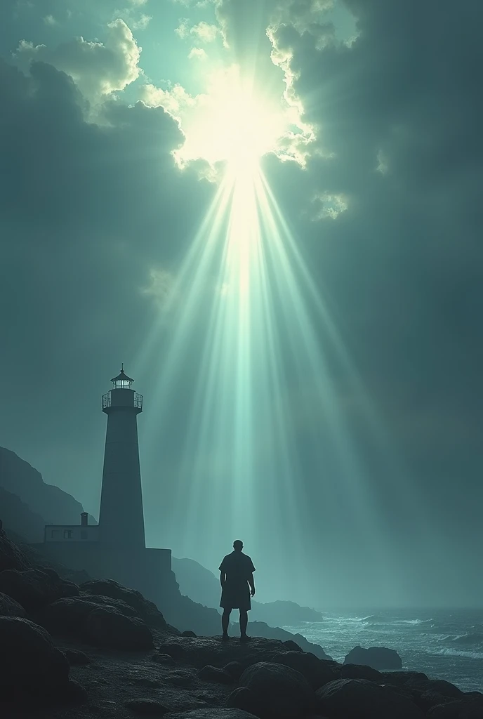 Rembrandt rays shining through a cloudy sky、Fear of God、A scene where you can feel great guidance、「Lighthouse」Image of、Wandering Person々Revelation from God is given to、Like in the movies、High-definition real photo、Real photo 16K quality