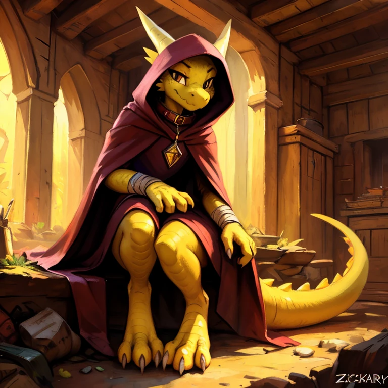 (((by Zackary911, by Kenket, by Kilinah))), solo female, bright yellow skin, yellow scales, (((yellow Kobold)), (detailed yellow kobold)) wearing a cloak with a hood, gem on the collar, bandaged thighs and bandaged chest, yellow kobold tail, front view, looking at the observer with a smug smile, perspective, finely detailed paws