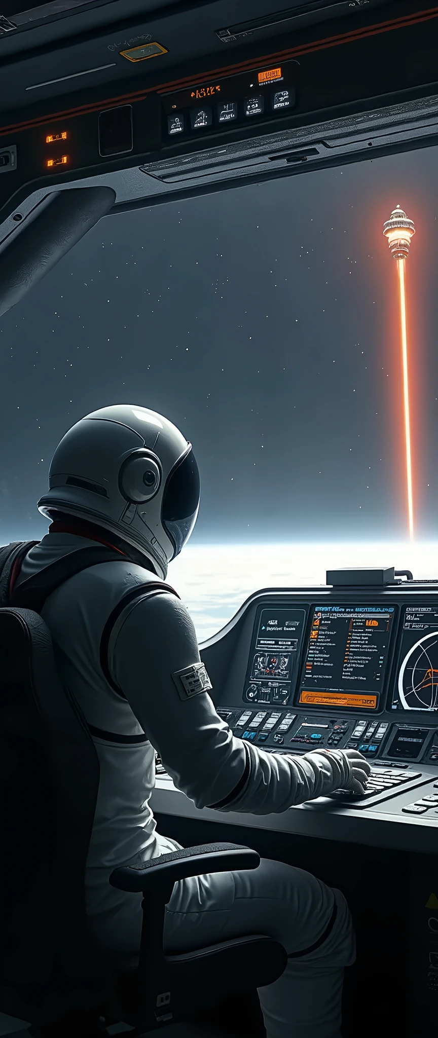 An astronaut in spacesuit is sitting in the cockpit of a spacecraft, outside the cockpit window is pitch black and beautiful space and a big beautiful lighthouse on a small satellite is guiding him by emitting warm laser light ,dynamic camera work