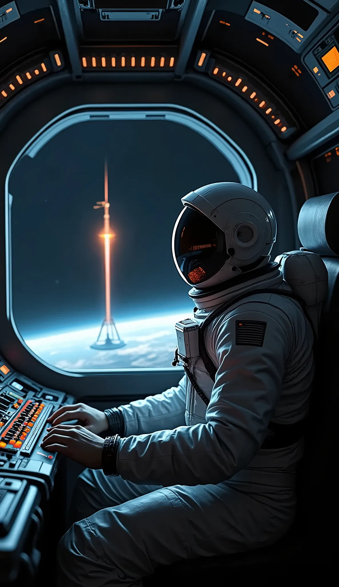 An astronaut in spacesuit is sitting in the cockpit of a spacecraft, outside the cockpit window is pitch black and beautiful space and a big beautiful lighthouse on a small satellite is guiding him by emitting warm laser light 