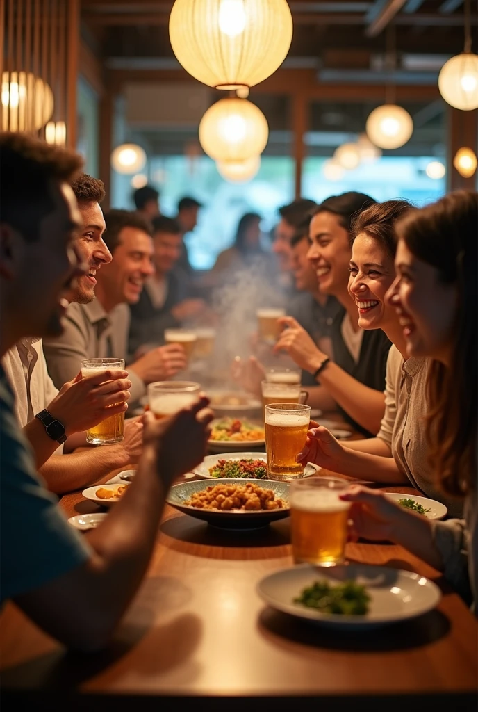 A familiar izakaya、Have a good time with good friends、Warm light、Everyone is smiling and drinking beer、High-definition real photo、Real photo 16K quality、