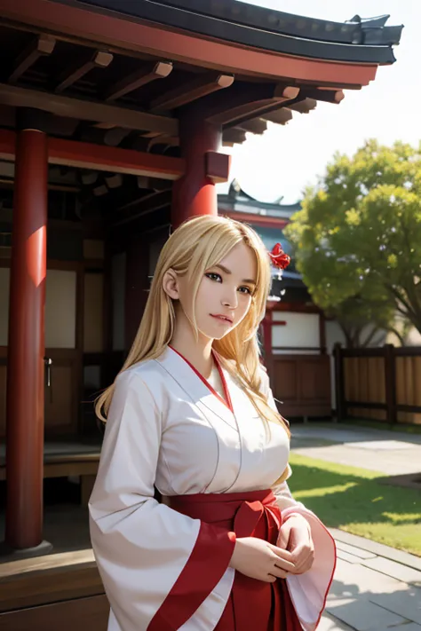 shrine maiden, shrine maiden衣装, shrine, sacred, cute  girl, one person, american women, blonde