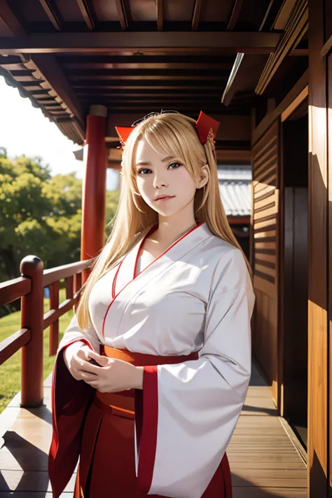 shrine maiden, shrine maiden衣装, shrine, sacred, cute  girl, one person, american women, blonde