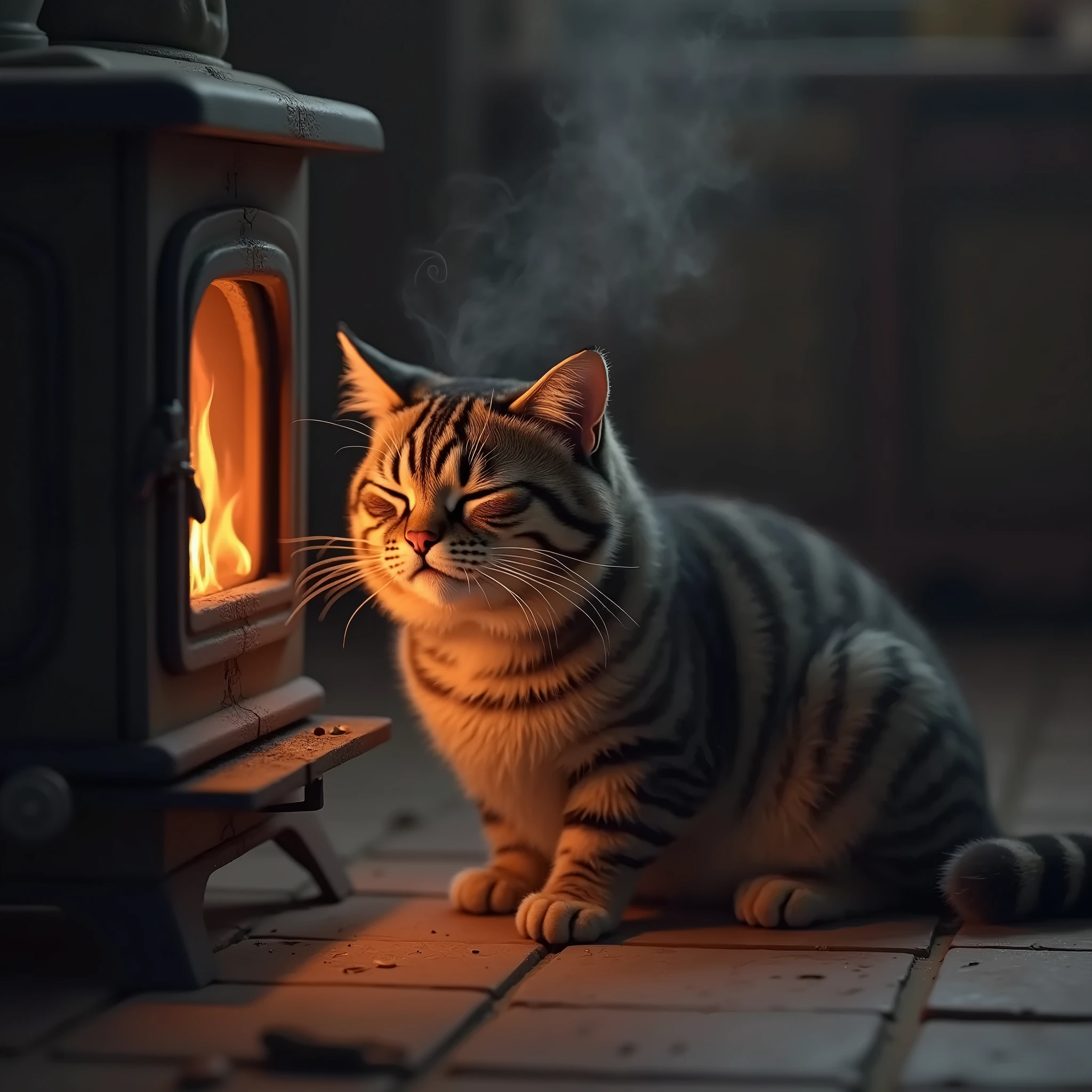 A male tabby cat, fur puffed up against the cold, crouching in front of a stove to warm itself, narrowing its eyes, creating a bubble of snot at the tip of its nose, dozing off, smoke emanating from its body as it gets too close to the stove, detailed feline anatomy, photorealistic, chiaroscuro lighting, muted color palette, cozy atmosphere