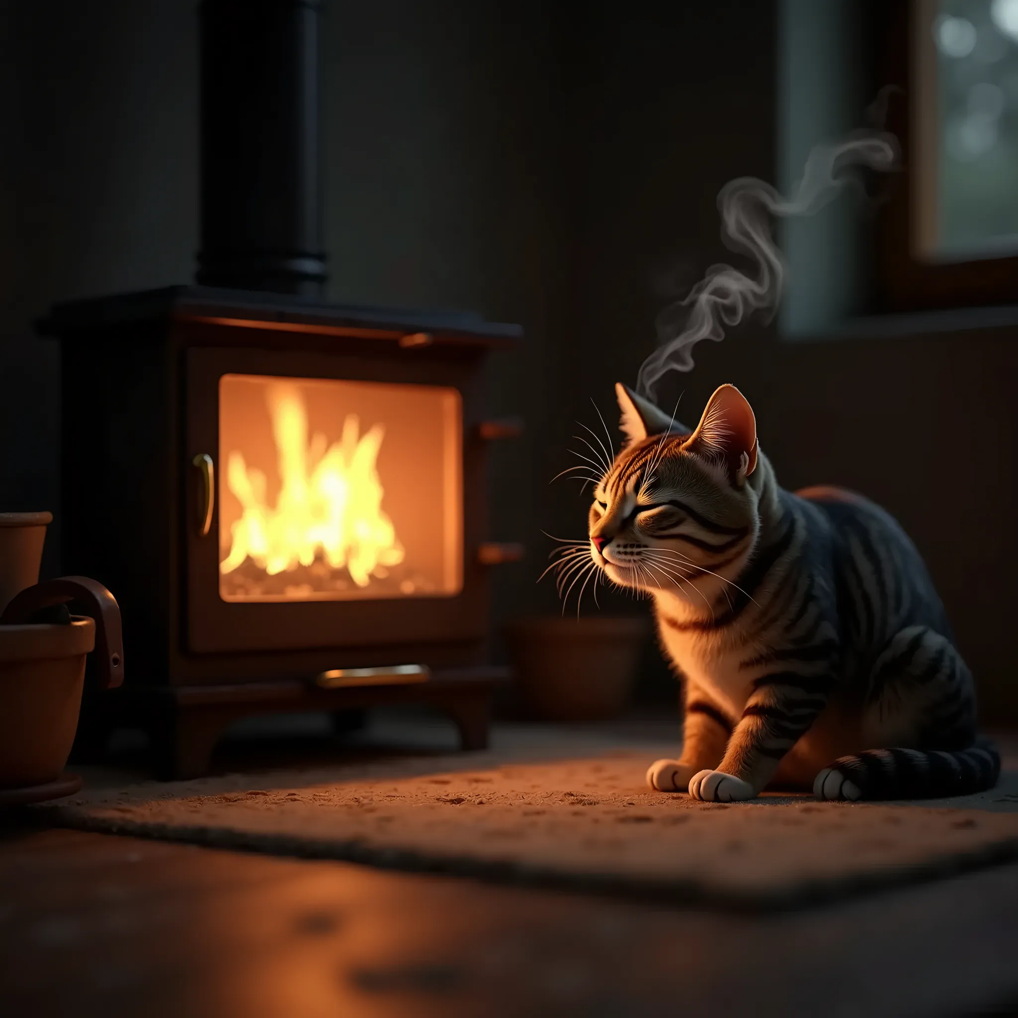 A male tabby cat, fur puffed up against the cold, crouching in front of a stove to warm itself, narrowing its eyes, creating a bubble of snot at the tip of its nose, dozing off, smoke emanating from its body as it gets too close to the stove, detailed feline anatomy, photorealistic, chiaroscuro lighting, muted color palette, cozy atmosphere