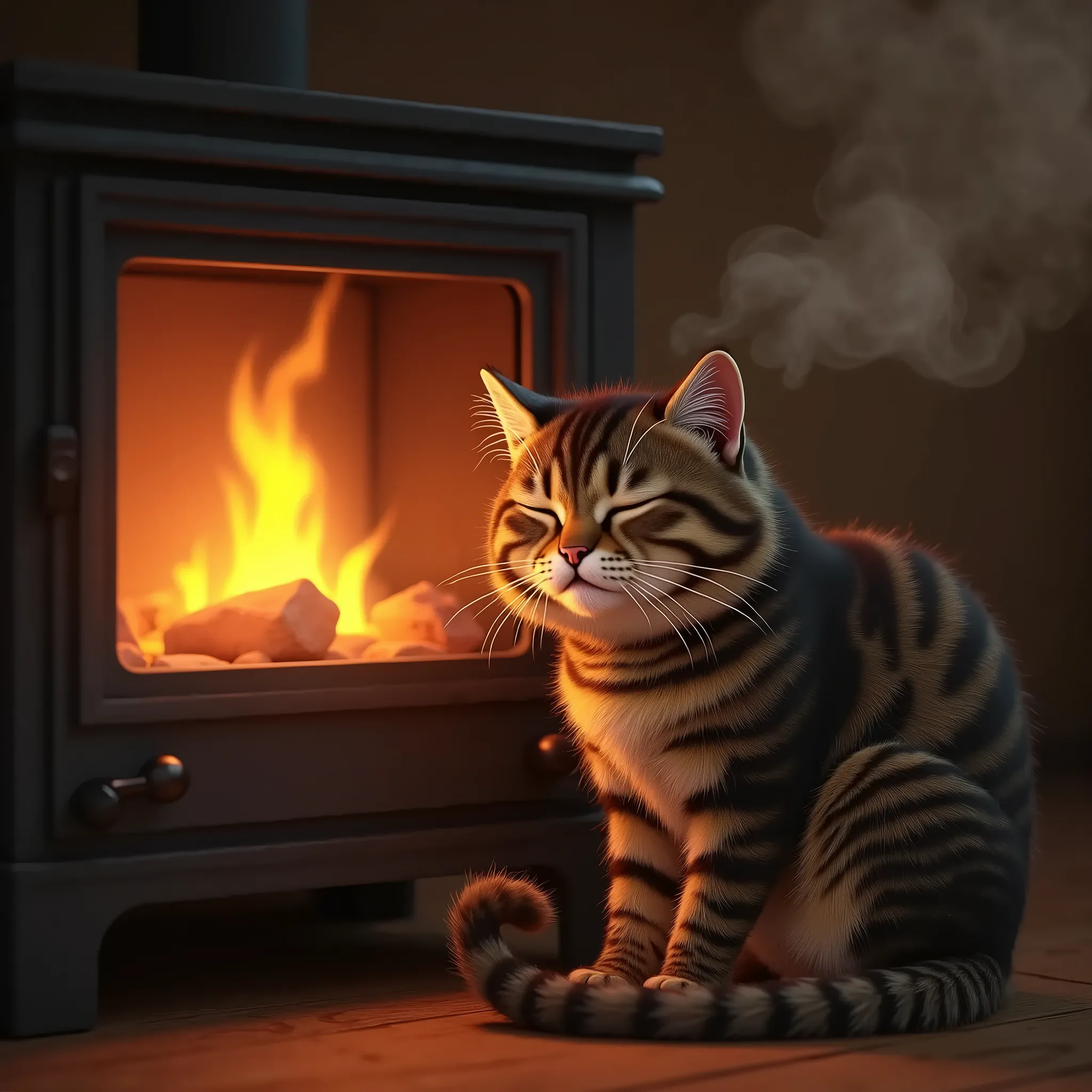 a male tabby cat huddled by the stove, puffed up fur trying to keep warm, squinting eyes, nose bubble, sleeping, smoke coming from overheated rear, cozy fireplace, detailed feline features, photorealistic, 8k, highly detailed, best quality, intricate fur textures, realistic lighting, soft colors, warm tones