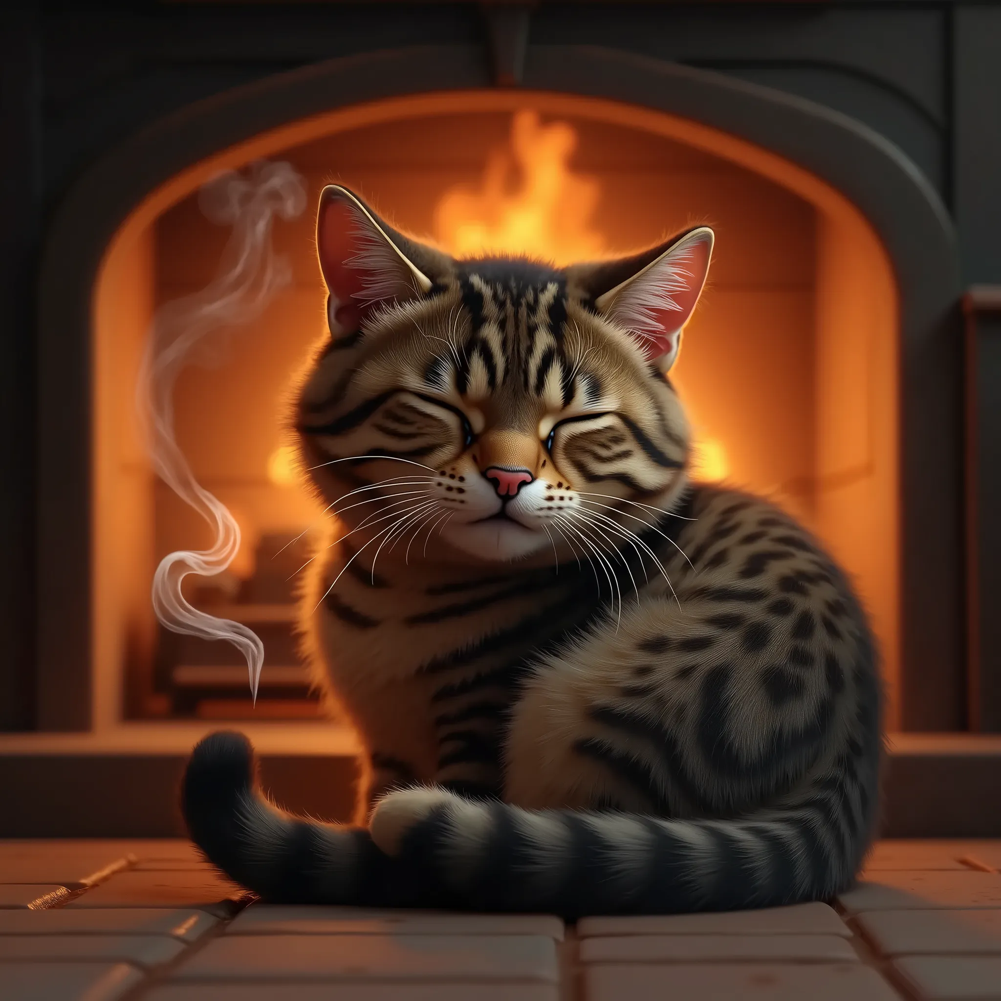 a male tabby cat huddled by the stove, puffed up fur trying to keep warm, squinting eyes, nose bubble, sleeping, smoke coming from overheated rear, cozy fireplace, detailed feline features, photorealistic, 8k, highly detailed, best quality, intricate fur textures, realistic lighting, soft colors, warm tones