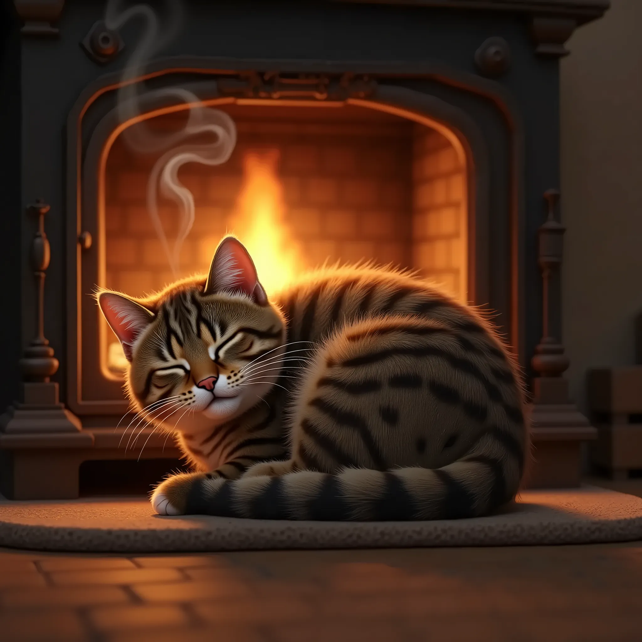 a male tabby cat huddled by the stove, puffed up fur trying to keep warm, squinting eyes, nose bubble, sleeping, smoke coming from overheated rear, cozy fireplace, detailed feline features, photorealistic, 8k, highly detailed, best quality, intricate fur textures, realistic lighting, soft colors, warm tones