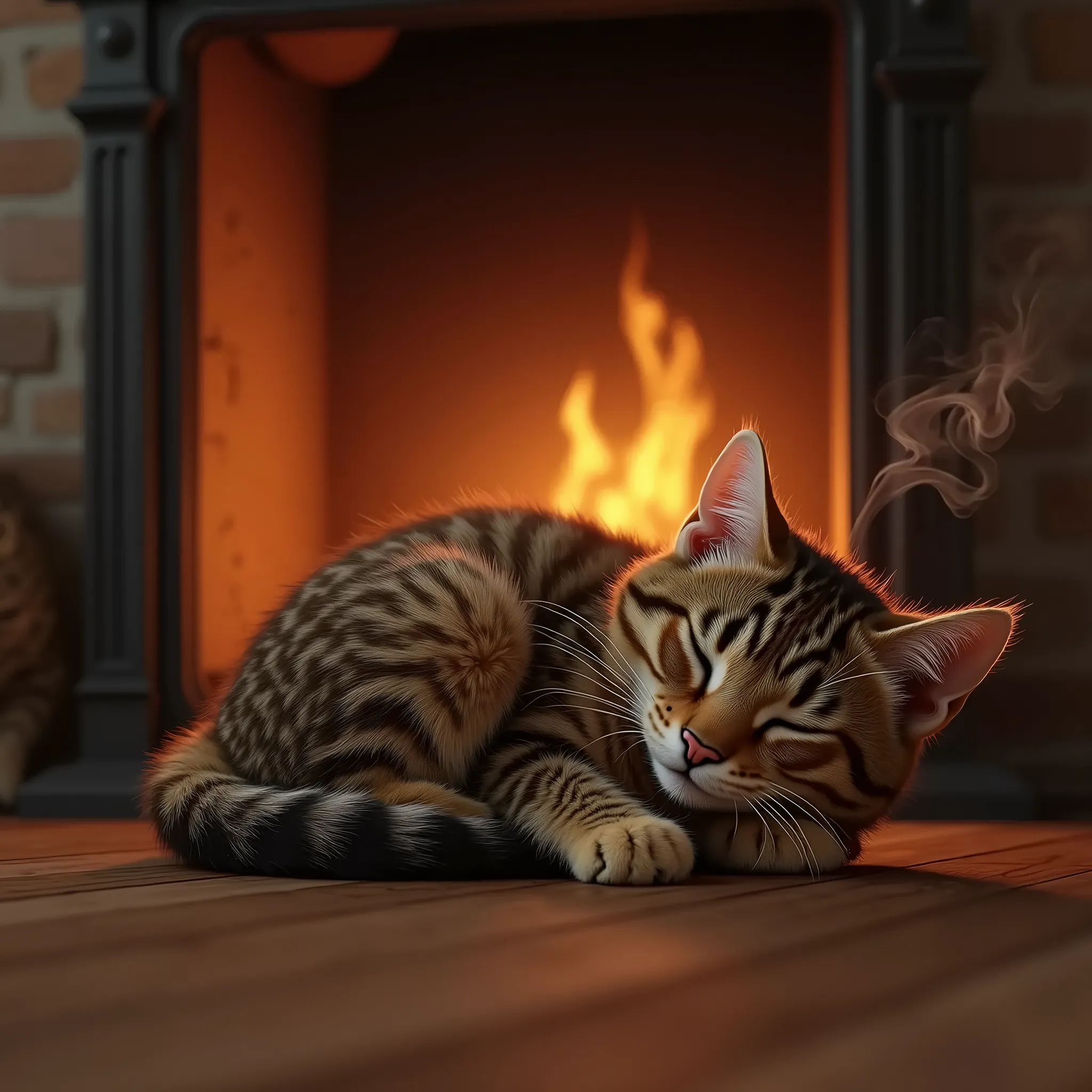 a male tabby cat huddled by the stove, puffed up fur trying to keep warm, squinting eyes, nose bubble, sleeping, smoke coming from overheated rear, cozy fireplace, detailed feline features, photorealistic, 8k, highly detailed, best quality, intricate fur textures, realistic lighting, soft colors, warm tones