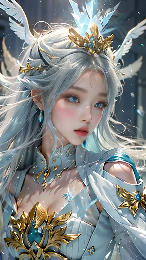 flowing white hair that cascades down her back, giving her an angelic appearance. her eyes are a soft shade of blue, often refle...