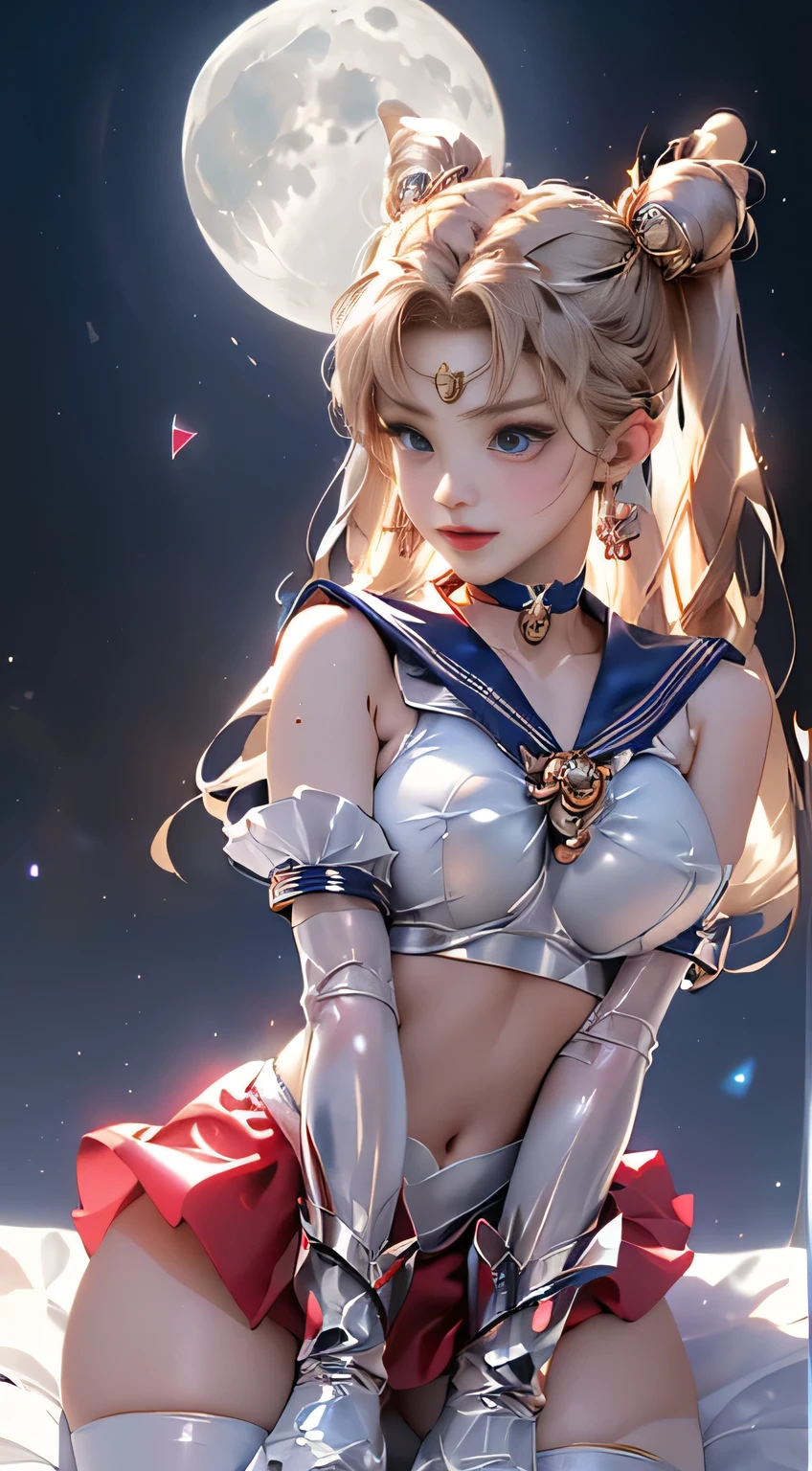 masterpiece, full: 1.3, Stand, 8k, 3d, Realistic, Ultra-microphotography, Best quality, Extreme Details CG Unity 8k Wallpapers, From below, Intricate details, (nsfw:1.2),(1 female), 28 years old, (beautiful girl,Sailor moon,Land, Sailor Warrior Uniforms Sailor: 1.2, Sailor moon: 1.2), Amazingly long light blonde twin tails, thin and very long straight twin tail blonde, Hair Bun, Round red hair bun, Sailor Warrior Uniforms, Big Breasts, (Silver Blue Color, Blue sailor collar, Silver Blue Pregate Ultra Mini Skirt: 1.3,I can see your pants,Ultra high leg swimsuit,  Big red ribbon on chest,,: 1.3, Long white latex gloves: 1.3, Red gloves on elbows, Very large red ribbon on the back of the waist,: 1.1, The cleavage appears larger:1.2, Gold Tiara, Earrings), (Facial details: 1.5, Bright Blue Eyes, Beautiful Face, Beautiful Eyes, Sparkling eyes, thin lips: 1.5, Thin, sharp, pale eyebrows, Long dark eyelashes, Double eyelashes), Luxurious Golden jewelry, thin, Thin and muscular,,, Small Face, Perfect Proportions, Narrow waist, Sexy model posing, Visible pores, Captivating smile, Perfect hands: 1.5, Ultra-thin, high-gloss silver-white holographic leather, Octane Rendering, A very dramatic picture, Strong natural light, sunlight, Subtle lighting and shadows, Dynamic Angle, Digital SLR, Sharp focus: 1.0, Maximum clarity and sharpness, (Space Background,moon, Dynamic Background, Detailed Background),(rabbit, Double Bang, Twin tails, Parted bangs, Circlet, jewelry, Earrings, Choker, Red ribbon, White gloves, Elbow Groove, Blue Skirt
),nffsw