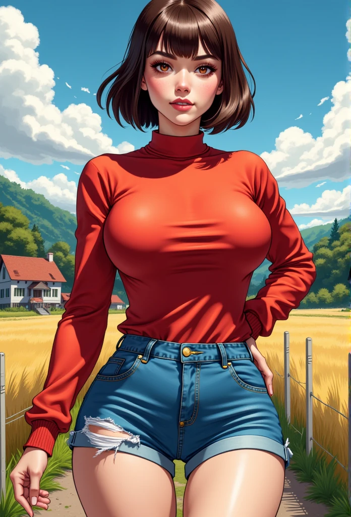 Comic style, the shorts are so tight that the denim is about to Tear, (high waist denim shorts with sweater), (Average breasts, perfect waist breast), firm breasts, slim waist, curvy figure, sonia, Short bob style hair, strip bangs, farm, shy smile, beautiful house, red eyes, skin dentation, chubby hips, the shorts are so tight that the denim is about to Tear, cleavage 