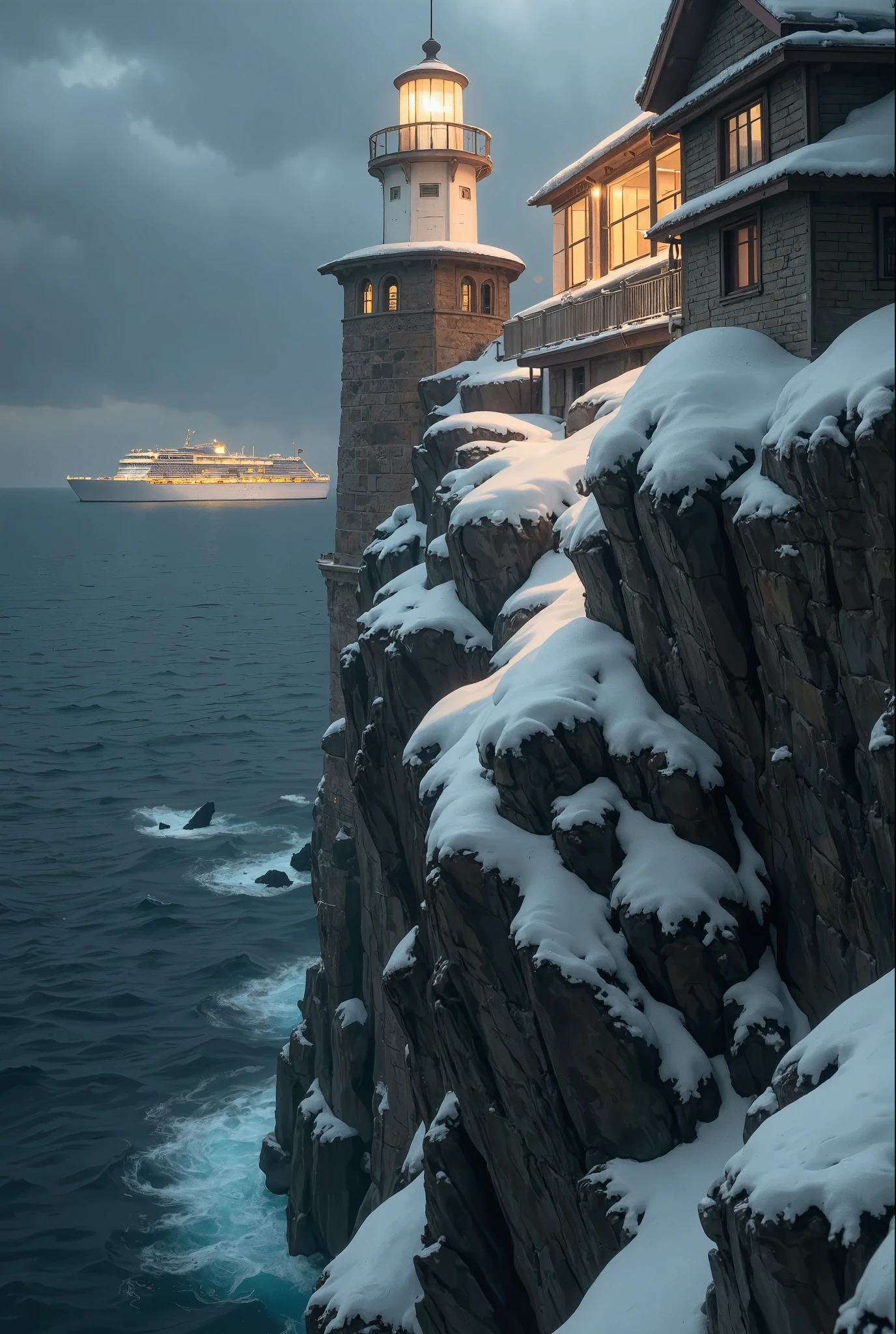 Create a hyperrealistic 8K image of a towering lighthouse standing atop a snowy, ice-covered mountain, facing the sea below. Inspired by the grand landscapes of Caspar David Friedrich and modern hyperrealist photography, the scene is viewed from near the lighthouse’s base, with the viewer looking out over the cliff toward the distant ocean. The lighthouse stands resilient, its base covered in thick ice and frost, as snow falls gently in the frigid air. Far below, a large, glowing cruise ship drifts across the dark, expansive sea, its warm lights twinkling in the distance, contrasting with the cold, harsh environment.

The perspective is slightly top-down, capturing the height of the mountain and the sharp, rocky cliffs leading down to the sea. The icy textures of the mountain and lighthouse are highly detailed, and the glowing light from the ship below reflects off the churning waves. The scene is illuminated by the lighthouse’s subtle, warm glow, highlighting the ice and snow around its base. Use a Canon EOS R5 with a Canon RF 15-35mm f/2.8L lens to capture the sharpness and depth of the scene, with dynamic lighting enhancing the contrast between the cold, remote mountain and the warm, distant glow of the ship.