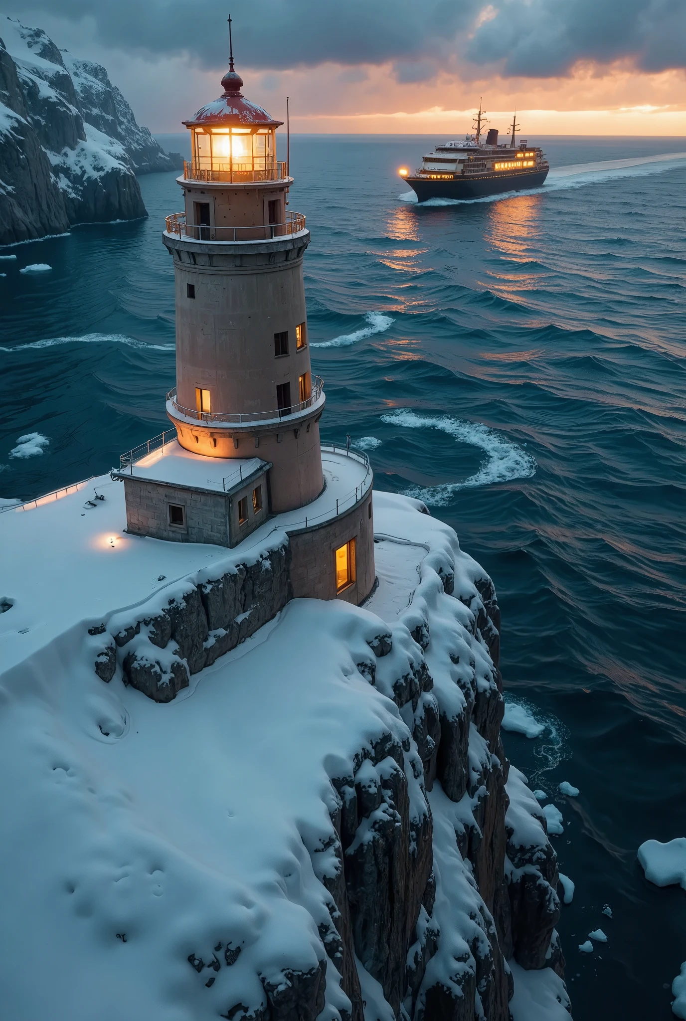 Create a hyperrealistic 8K image of a towering lighthouse standing atop a snowy, ice-covered mountain, facing the sea below. Inspired by the grand landscapes of Caspar David Friedrich and modern hyperrealist photography, the scene is viewed from near the lighthouse’s base, with the viewer looking out over the cliff toward the distant ocean. The lighthouse stands resilient, its base covered in thick ice and frost, as snow falls gently in the frigid air. Far below, a large, glowing cruise ship drifts across the dark, expansive sea, its warm lights twinkling in the distance, contrasting with the cold, harsh environment.

The perspective is slightly top-down, capturing the height of the mountain and the sharp, rocky cliffs leading down to the sea. The icy textures of the mountain and lighthouse are highly detailed, and the glowing light from the ship below reflects off the churning waves. The scene is illuminated by the lighthouse’s subtle, warm glow, highlighting the ice and snow around its base. Use a Canon EOS R5 with a Canon RF 15-35mm f/2.8L lens to capture the sharpness and depth of the scene, with dynamic lighting enhancing the contrast between the cold, remote mountain and the warm, distant glow of the ship.