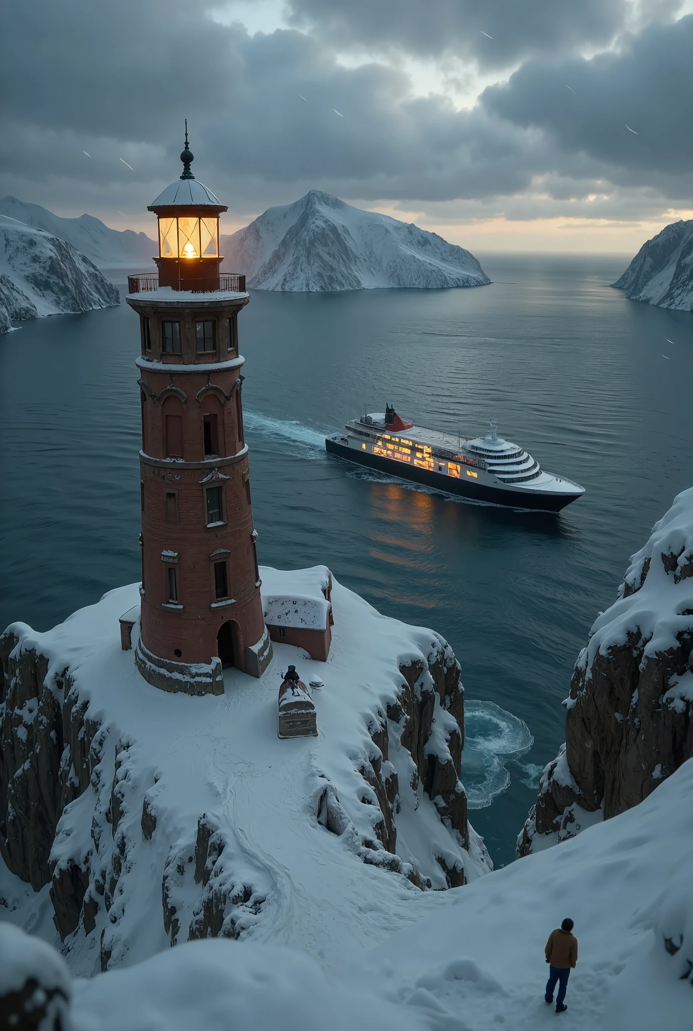 Create a hyperrealistic 8K image of a towering lighthouse standing atop a snowy, ice-covered mountain, facing the sea below. Inspired by the grand landscapes of Caspar David Friedrich and modern hyperrealist photography, the scene is viewed from near the lighthouse’s base, with the viewer looking out over the cliff toward the distant ocean. The lighthouse stands resilient, its base covered in thick ice and frost, as snow falls gently in the frigid air. Far below, a large, glowing cruise ship drifts across the dark, expansive sea, its warm lights twinkling in the distance, contrasting with the cold, harsh environment.

The perspective is slightly top-down, capturing the height of the mountain and the sharp, rocky cliffs leading down to the sea. The icy textures of the mountain and lighthouse are highly detailed, and the glowing light from the ship below reflects off the churning waves. The scene is illuminated by the lighthouse’s subtle, warm glow, highlighting the ice and snow around its base. Use a Canon EOS R5 with a Canon RF 15-35mm f/2.8L lens to capture the sharpness and depth of the scene, with dynamic lighting enhancing the contrast between the cold, remote mountain and the warm, distant glow of the ship.