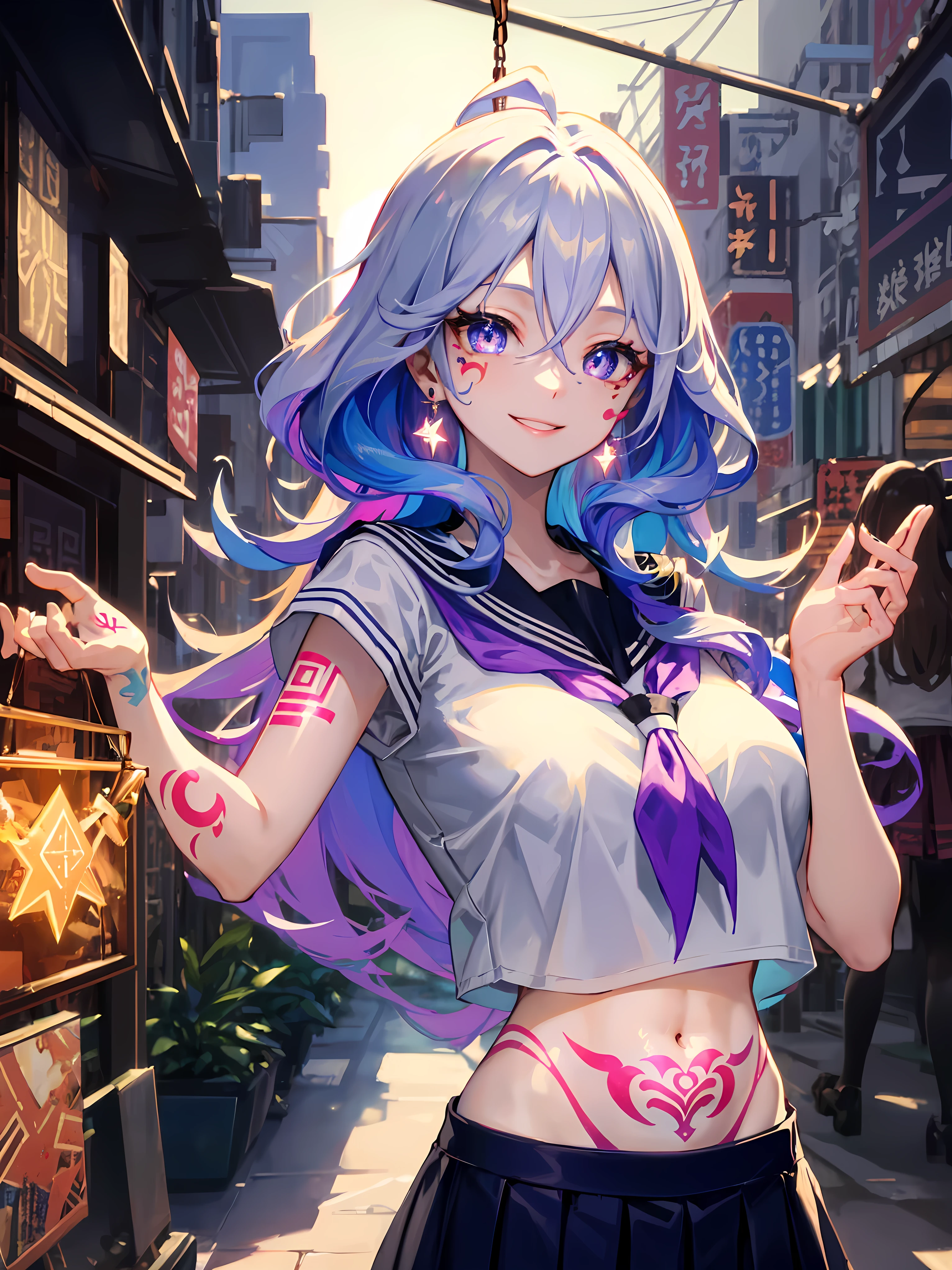 (absurdres, highres, ultra detailed), (A Divine goddess), Dynamic Body Type, beautiful, ((2.5D)), Beautiful Eyes, Delicate Eyes, Delicate Silhouette, (1woman:1.3), (runic tattoos:1.5), (stickers:1.4), (sailor uniform:1.4), (white academic shirt:1.4), no collar, collarless, (pleated skirt), (miniskir, micro skirt), (school girl), huge breasts, perfect collarbone, (perfect cleavage), (exposed midriff:1.3), (hanged croptop:1.5), slim fit, narrow waist, twintails, close up, purple hair, dynamic pose, elegant, detailed iris, sparkle eyes, star in eyes, (enchanting purple eyes:1.3), (multicolored eyes), (long hair:1.3), (hair ribbons:1.3), (pink hair:1.3), (fluffy hair:1.3), (hair between eyes), (hair over one eye:1), (floating hair:1.3), masterpiece, highest quality, earrings, pink skin, glowing hair, detailed face, blushing, shy, cute smile, red lips, sharp eyelashes, (lunar new years, full moon, lanterns, fireworks), BREAK, glitch art, digital distortion, pixelated fragments, data corruption, colorful noise, visual chaos, contemporary aesthetics BREAK , enamel art, glass-like surface, vibrant colors, glossy finish, reflective textures, rich pigments, fluid forms BREAK, ethnic style,vibrant patterns, handmade textiles, cultural motifs, beaded jewelry, artisanal accessories