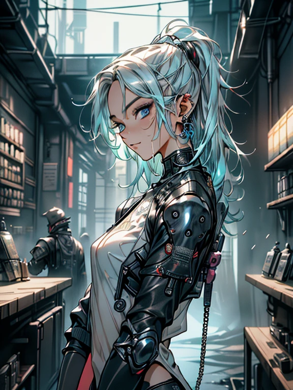 masterpiece, Please redeem, High Definition CG Unity 8k Wallpaper,((Upper Body)), (((Cyberpunk Gun Shop))), (Long pointy ears), (Choose a handgun), Elegant long wavy light blue hair, ((Average chest size, Self-illuminating skin)), ((Casual fashion exposed, Exaggerated Armor)), (Sweaty, Wet white skin), (Beautifully detailed sky blue eyes), (Charming smile), so beautiful, Symmetrical face, fine grain, Key Art, Awards, 複雑な詳細なPhotorealism HDR, Photorealism, Hyperrealism, Ultra-realistic, Dramatic Light, Strong Shadows, Amazing views, Written boundary depth,