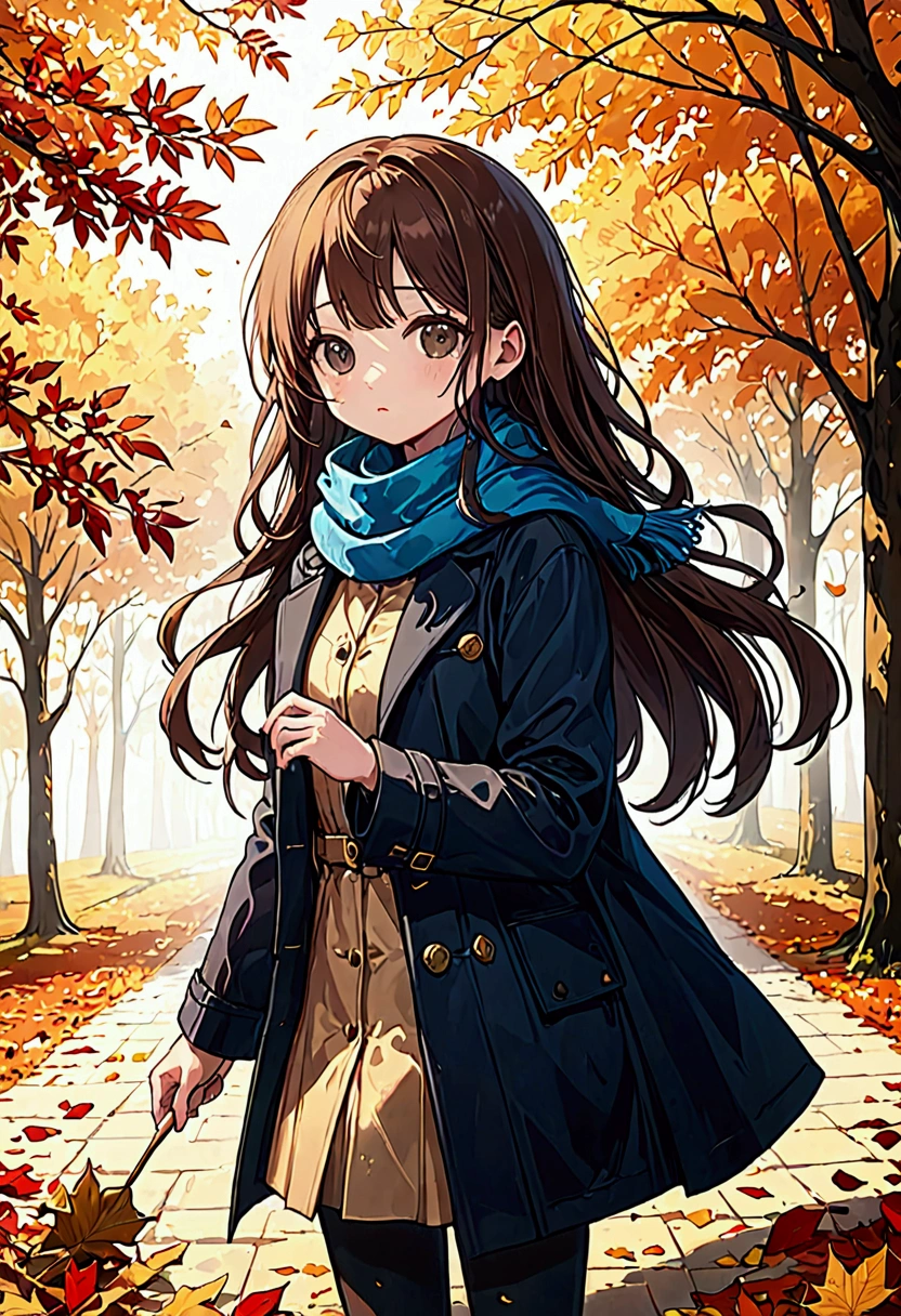 One girl\(Long brown hair, cute, Autumn outfit, scarf, Coat, boots, Picking leaves\(Shining golden in the sunlight),whole body\\), Simple Background, break ,quality\(masterpiece, best quality,8k,非常に精細なCGユニットのwallpaper, High resolution, top-quality, top-quality real texture skin, Surreal, Increase the resolution, RAW Photos, best quality, Advanced Details, wallpaper,Golden Ratio,High Saturation Realism, Vibrant colors, Dramatic lighting, Compelling Storytelling, Atmospheric landscape, Captivating visuals, Intricate details, Strong emotions,A dreamlike world\),from side