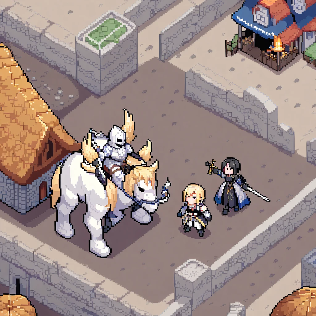 Pixel Art,Transformed Character,Chibi, Isometric view, Beneath a medieval pier lighthouse blazing at night, white knight\(Long blonde hair, With a sword\) And the Dark Night\(Black Hair,With a sword\) Fighting, Many civilian s, Screenshots of the game