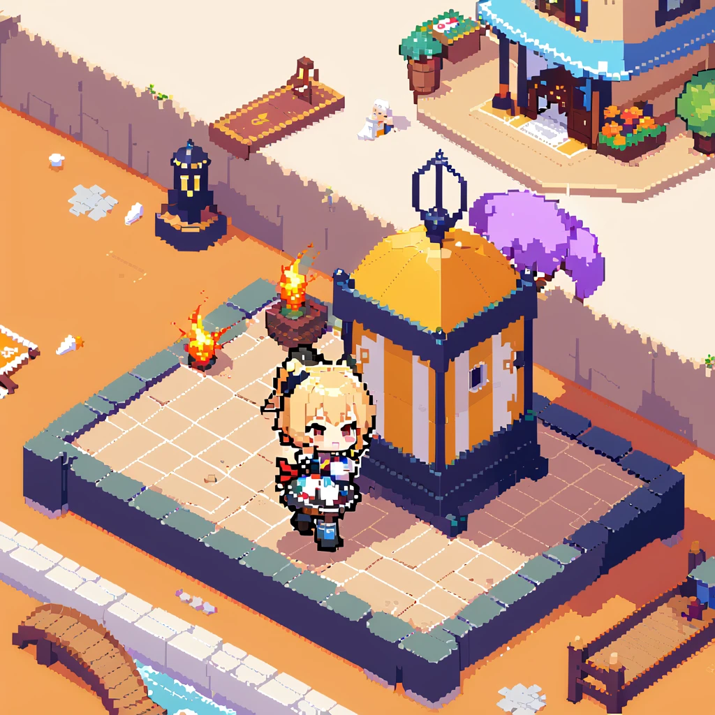 Pixel Art,Transformed Character,Chibi, Isometric view, Beneath a medieval pier lighthouse blazing at night, white knight\(Long blonde hair, With a sword\) And the Dark Night\(Black Hair,With a sword\) Fighting, Many civilian s, Screenshots of the game