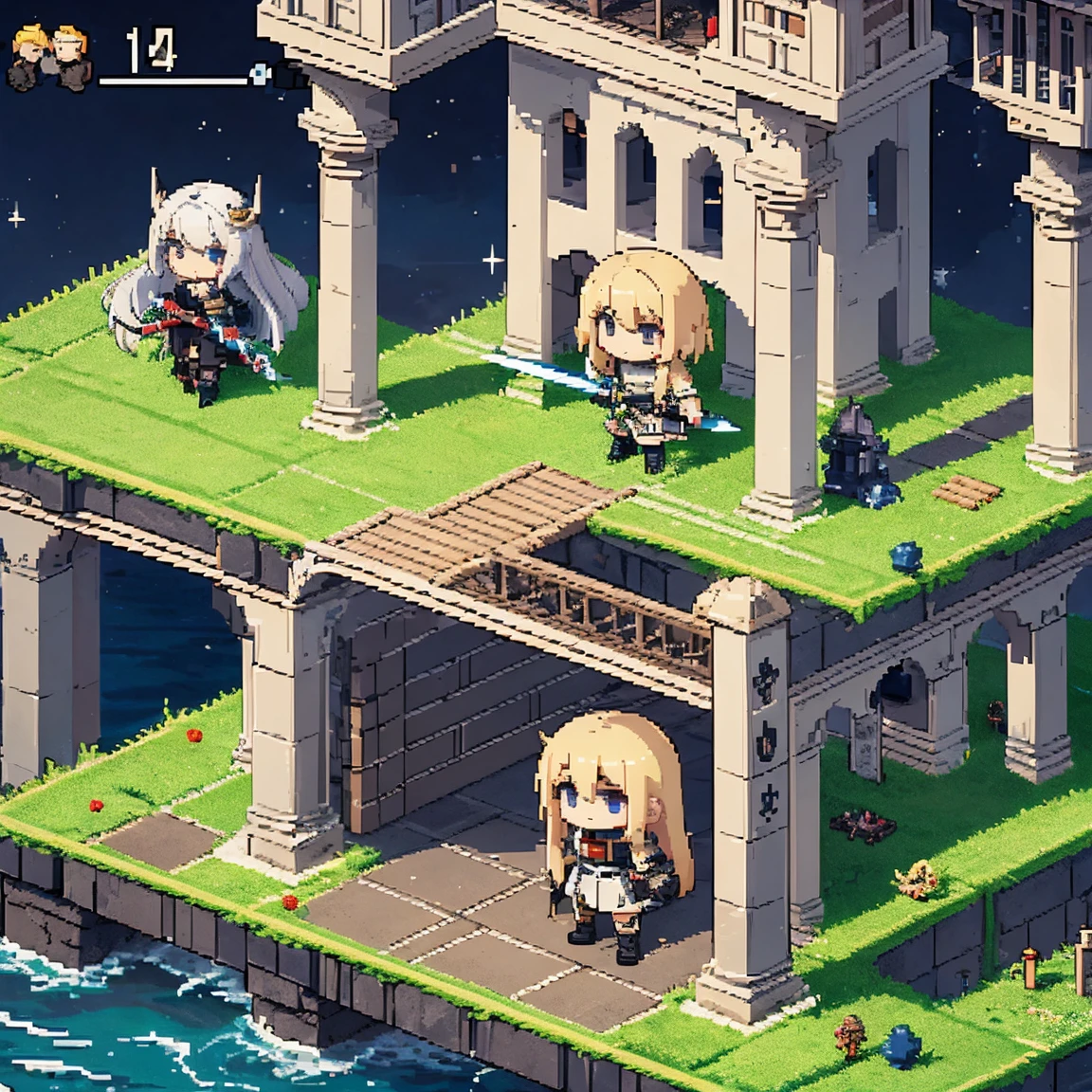 Pixel Art,Transformed Character,Chibi, Isometric view, Beneath a medieval pier lighthouse blazing at night, white knight\(Long blonde hair, With a sword\) And the Dark Night\(Black Hair,With a sword\) Fighting, Many civilian s, Screenshots of the game