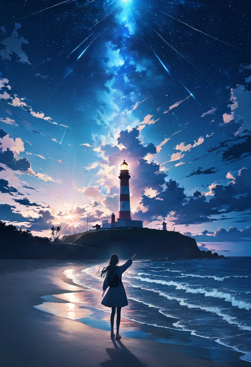 One woman,pastel,Pointing finger,Standing on the beach,Night Sky,star,Big Lighthouse,A ray of light is coming out,Reflected on the water surface,Overall dark,View from afar,A touching scene