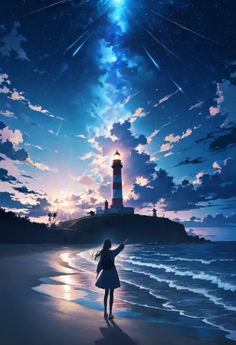 One woman,pastel,Pointing finger,Standing on the beach,Night Sky,star,Big Lighthouse,A ray of light is coming out,Reflected on the water surface,Overall dark,View from afar,A touching scene