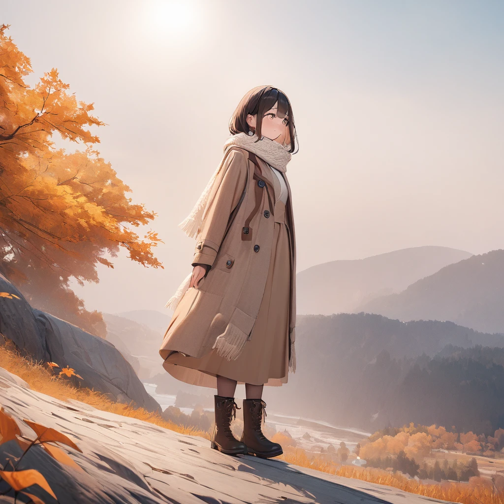 One girl\(Long brown hair, cute, Autumn outfit, scarf, Coat, boots, Picking leaves\(Shining golden in the sunlight),whole body\\), Simple Background, break ,quality\(masterpiece, best quality,8k,非常に精細なCGユニットのwallpaper, High resolution, top-quality, top-quality real texture skin, Surreal, Increase the resolution, RAW Photos, best quality, Advanced Details, wallpaper,Golden Ratio,High Saturation Realism, Vibrant colors, Dramatic lighting, Compelling Storytelling, Atmospheric landscape, Captivating visuals, Intricate details, Strong emotions,A dreamlike world\),from side