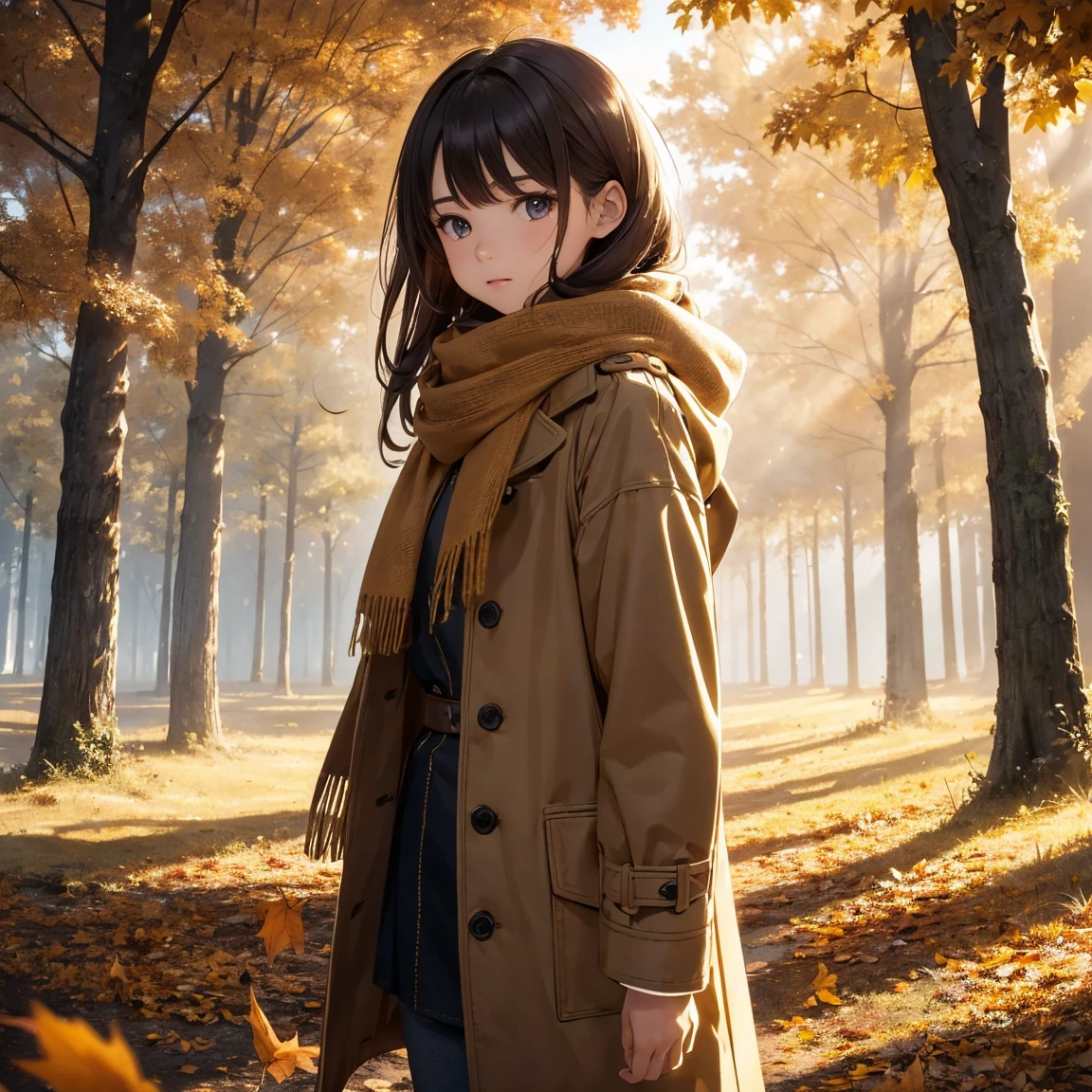 One girl\(Long brown hair, cute, Autumn outfit, scarf, Coat, boots, Picking leaves\(Shining golden in the sunlight),whole body\\), Simple Background, break ,quality\(masterpiece, best quality,8k,非常に精細なCGユニットのwallpaper, High resolution, top-quality, top-quality real texture skin, Surreal, Increase the resolution, RAW Photos, best quality, Advanced Details, wallpaper,Golden Ratio,High Saturation Realism, Vibrant colors, Dramatic lighting, Compelling Storytelling, Atmospheric landscape, Captivating visuals, Intricate details, Strong emotions,A dreamlike world\),from side