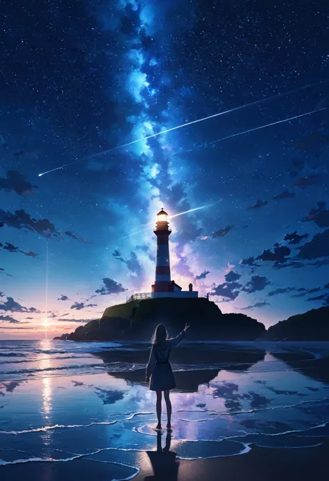 One woman,pastel,Pointing finger,Standing on the beach,Night Sky,star,Big Lighthouse,A ray of light shines from the lighthouse,Shine,Reflected on the water surface,Overall dark,View from afar,A touching scene