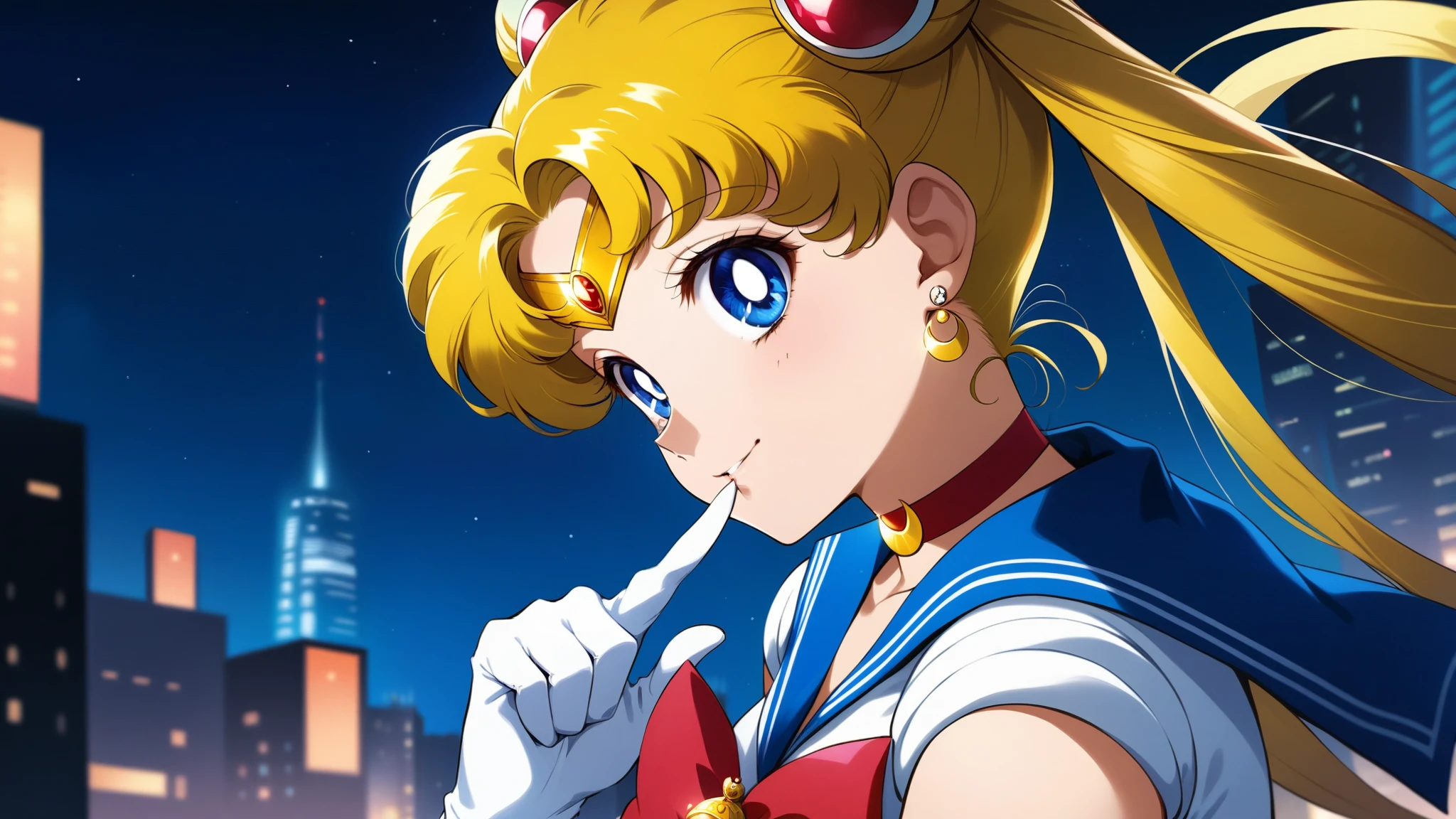 (masterpiece, best quality, very aesthetic, ultra detailed), complex details, 4K, , long hair, double bun, twintails, Bangs with parting, a tiara, earrings, Blue eyes, red choker, blue sailor collar, red bow, white shirt, Elbow gloves, white gloves, blue skirt, smile, Shushing, upper body, city night background, Princess Serenity