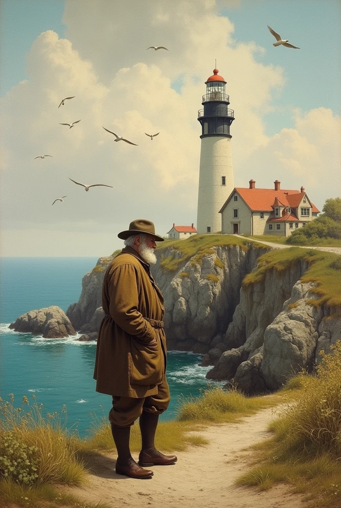 Old man near the lighthouse， Sadness， author：Charles Tunnicliffe， painting， quality， birds,