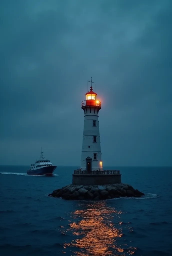 high quality，4k ultra hd ，hyper realestic photo of a lighthouse with bright lights in the middle of the ocean with a sea and a boat in the water， high focus and contrast， high detail and excellent lighting. ,