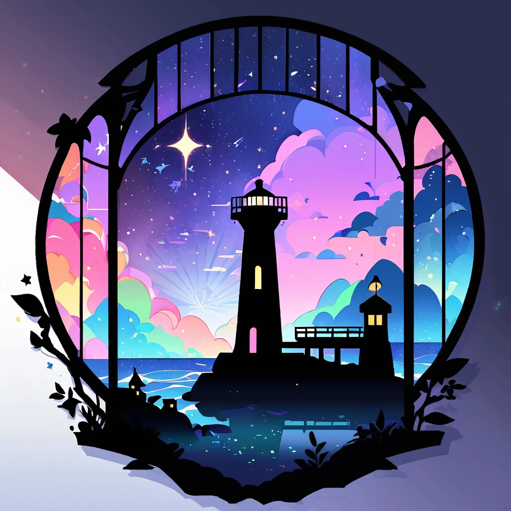 Flat illustration, shadow art, shadow picture, (large lighthouse). Lighthouse and ground made of shadows, the windows are made of colorful cellophane. Iridescent light is emitted from the lighthouse, with light particles, Black purple blue light blue gradient background. countless stars shine in the night sky, shooting stars also add a magical atmosphere to the scene, light particles. pastel colored stained glass-like sea, Horizon. 2D art, Silhouette art, (Fairy tale, fantastic fairy tale art for children). seen from the side. 