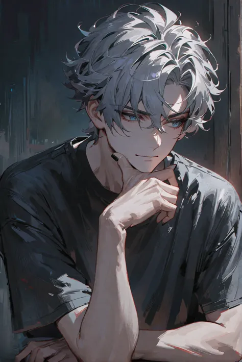 masterpiece, best quality, impasto, solo, 1 male, handsome, 25-years-old man, gloomy, short hair, grey hair, pale blue eyes, black t-shirt, black nails, thin, awkward smile, upper body, hands on chin, look anxious, dark ground